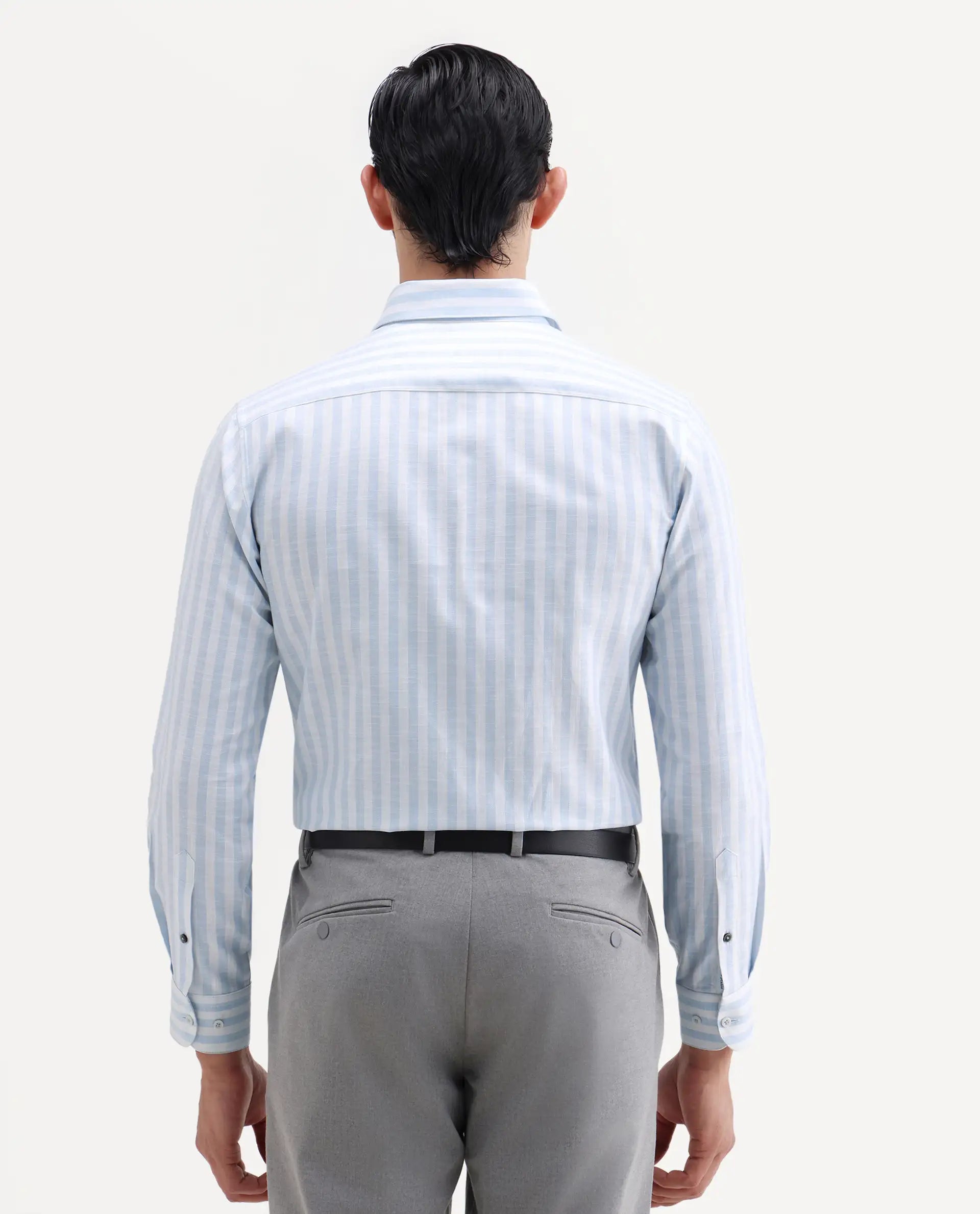 Rare Rabbit Men's Bario Blue Linen Blend Fabric Full Sleeve Spread Collar Regular Striped Shirt