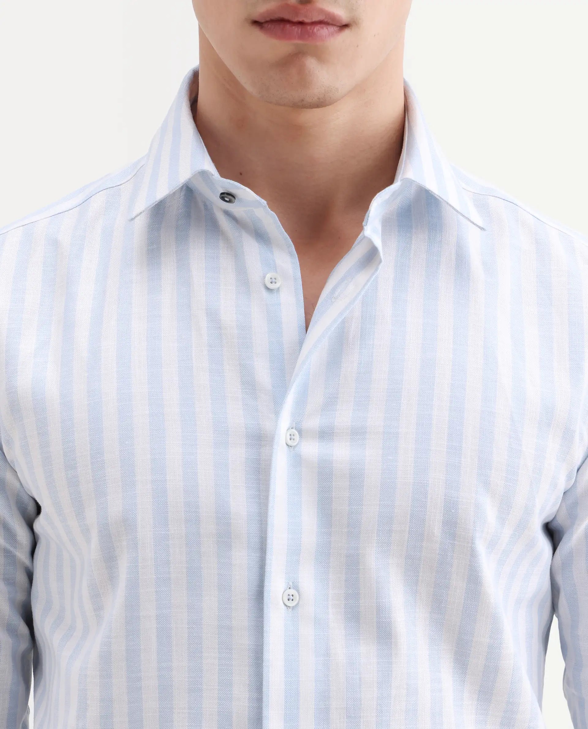 Rare Rabbit Men's Bario Blue Linen Blend Fabric Full Sleeve Spread Collar Regular Striped Shirt