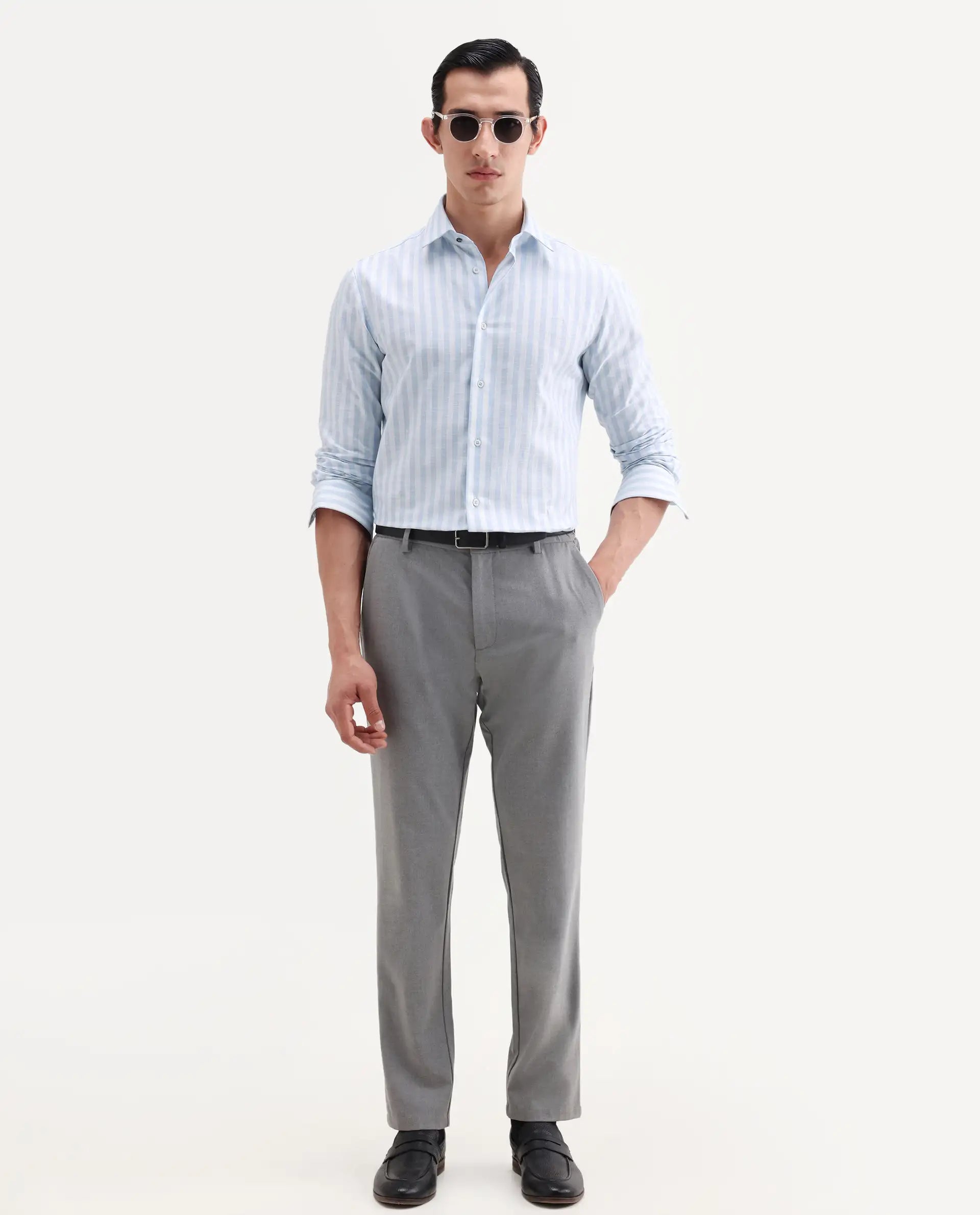 Rare Rabbit Men's Bario Blue Linen Blend Fabric Full Sleeve Spread Collar Regular Striped Shirt