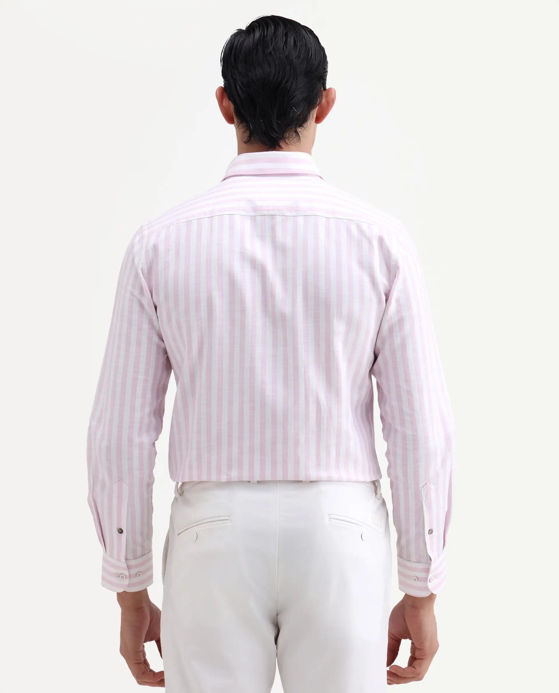 Rare Rabbit Men's Bario Pink Linen Blend Fabric Full Sleeve Spread Collar Regular Striped Shirt