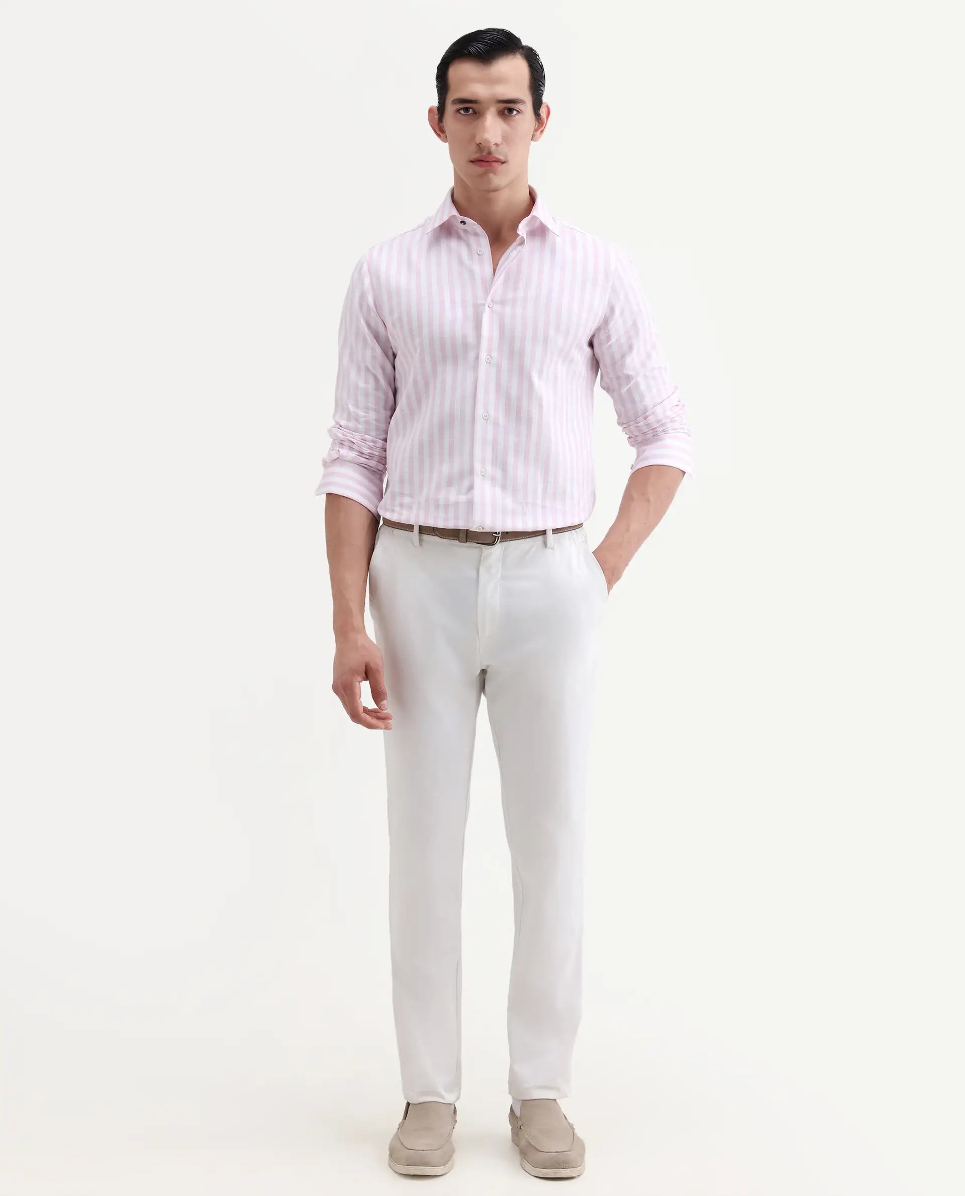 Rare Rabbit Men's Bario Pink Linen Blend Fabric Full Sleeve Spread Collar Regular Striped Shirt