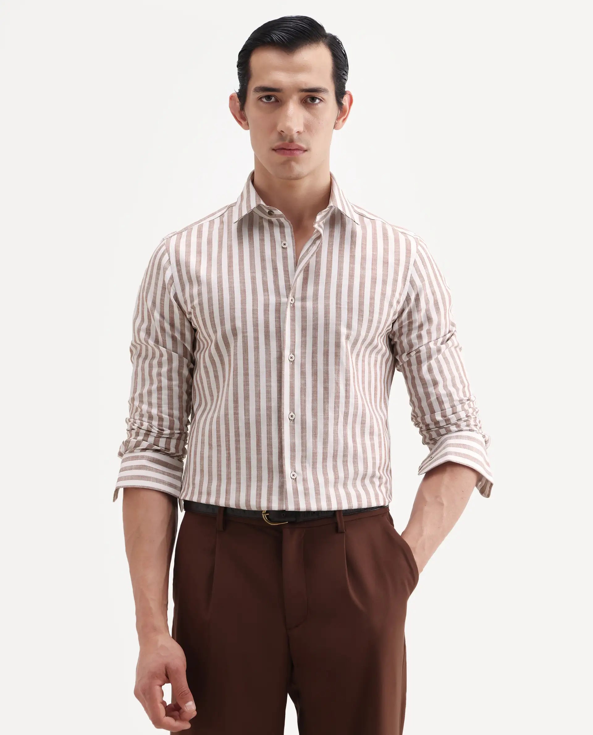 Rare Rabbit Men's Bario Brown Linen Blend Fabric Full Sleeve Spread Collar Regular Striped Shirt