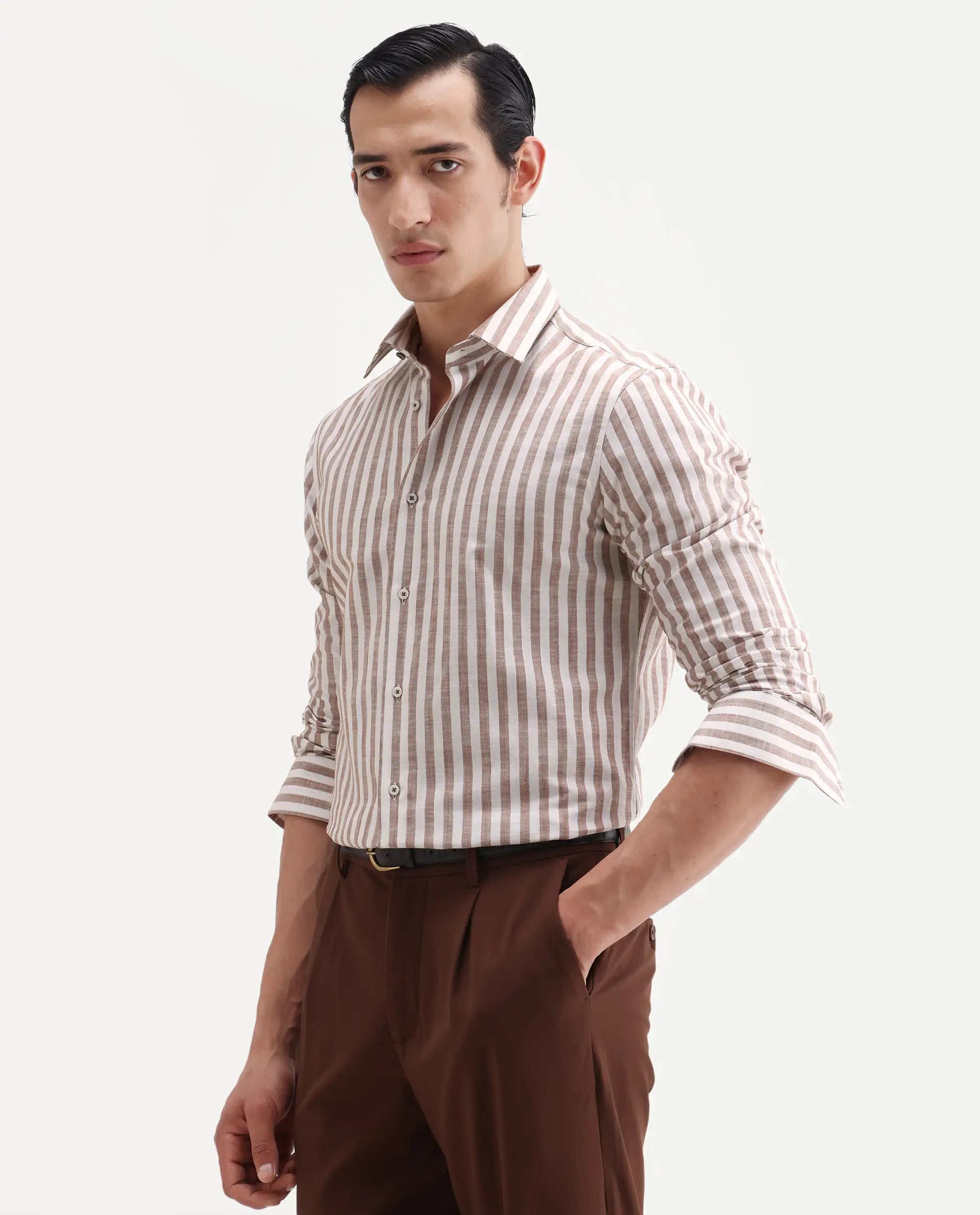 Rare Rabbit Men's Bario Brown Linen Blend Fabric Full Sleeve Spread Collar Regular Striped Shirt