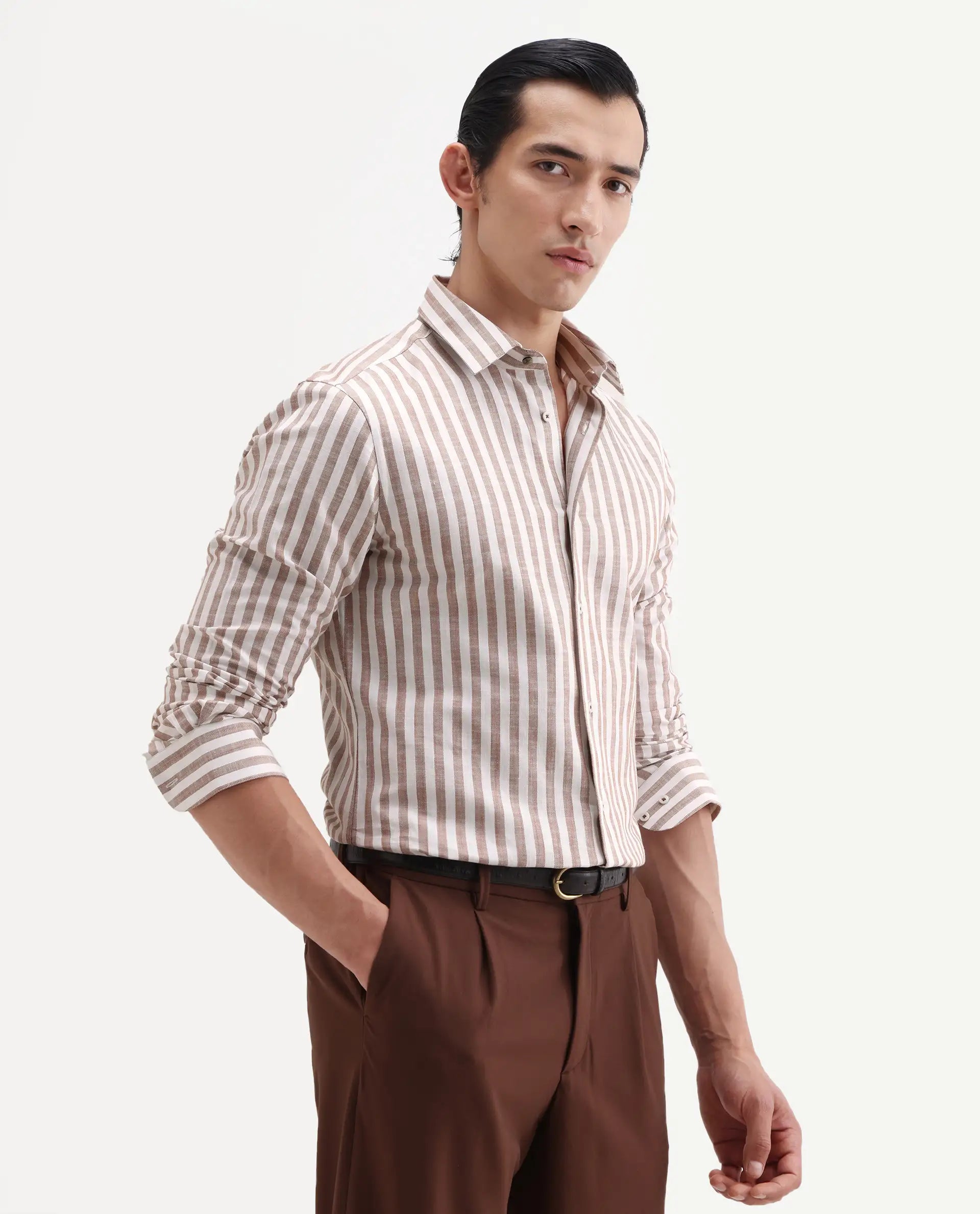 Rare Rabbit Men's Bario Brown Linen Blend Fabric Full Sleeve Spread Collar Regular Striped Shirt
