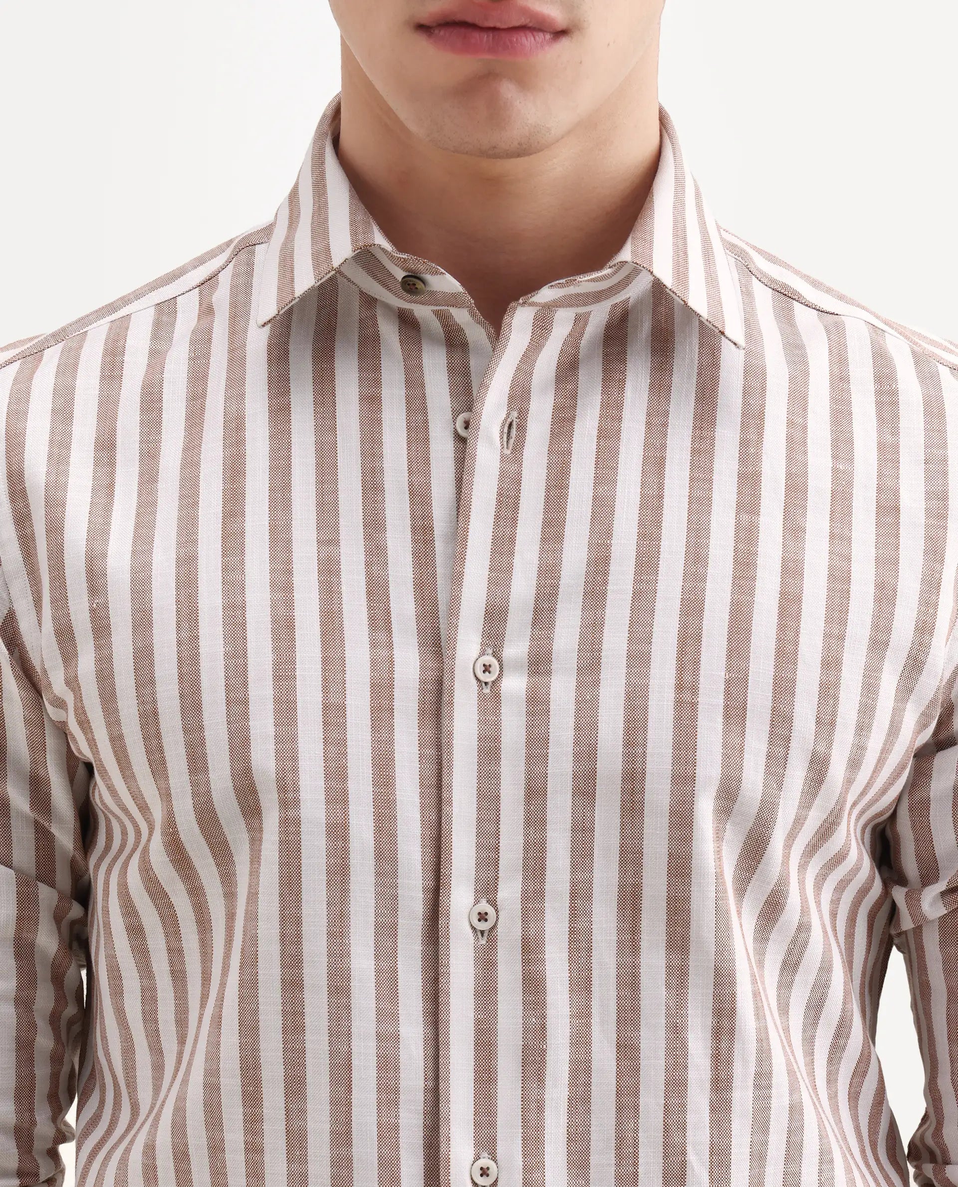 Rare Rabbit Men's Bario Brown Linen Blend Fabric Full Sleeve Spread Collar Regular Striped Shirt