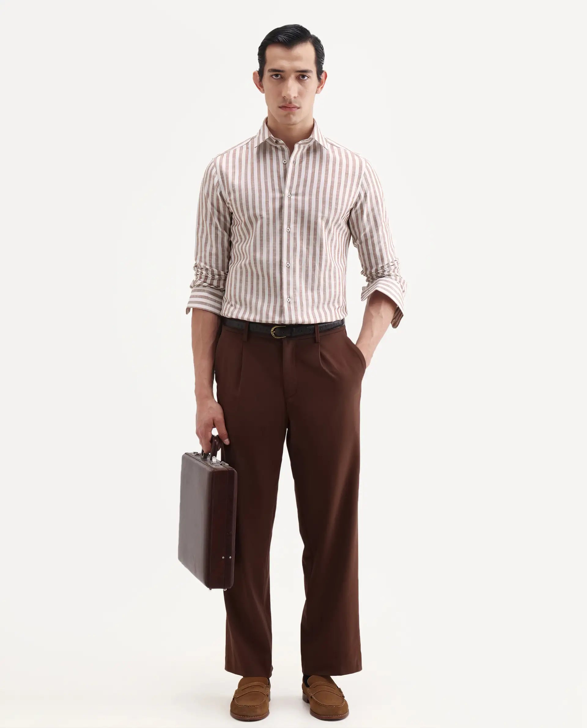 Rare Rabbit Men's Bario Brown Linen Blend Fabric Full Sleeve Spread Collar Regular Striped Shirt