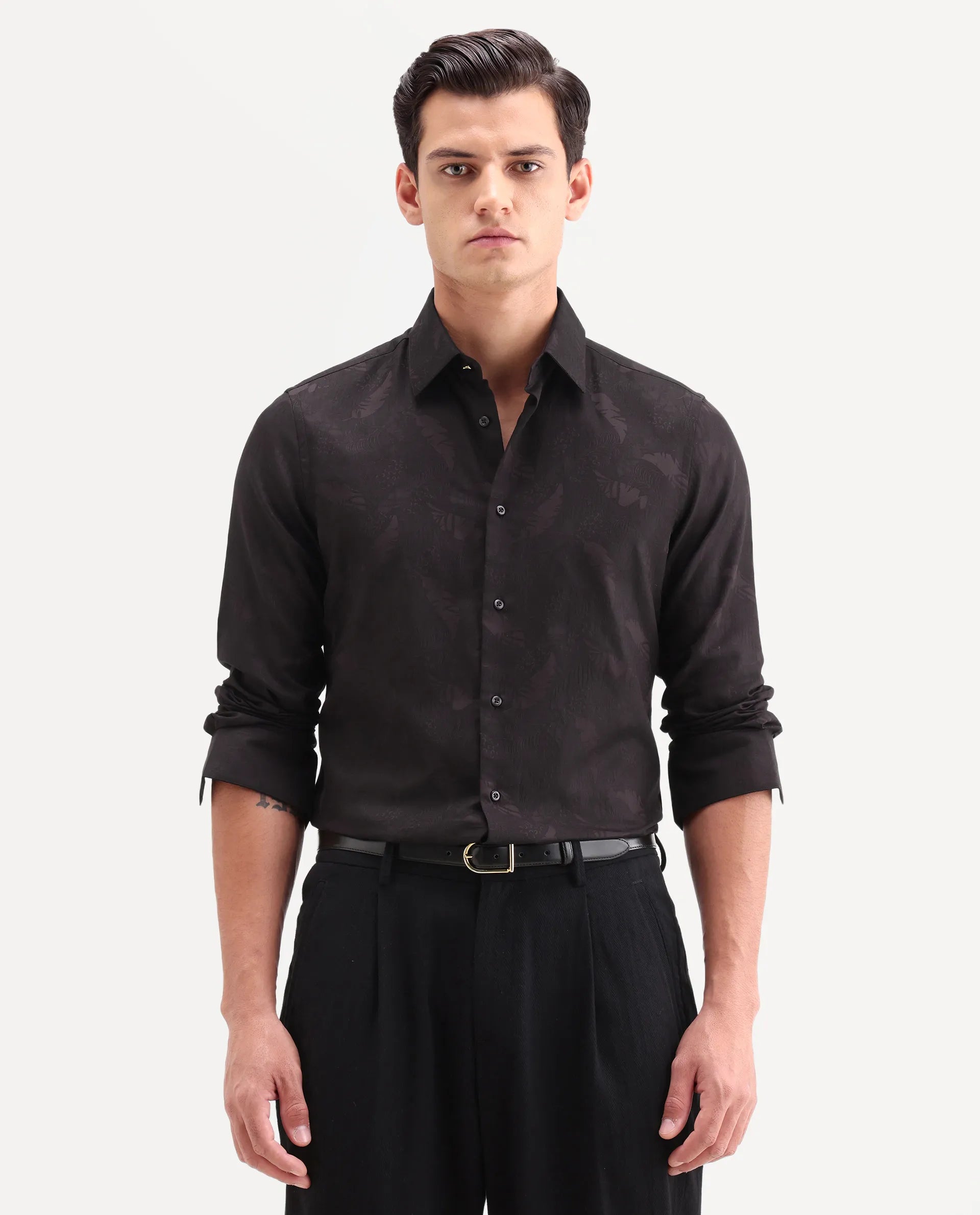 Rare Rabbit Men's Blen Maroon Cotton Fabric Full Sleeve Spread Collar Button Regular Fit Jacquard Shirt