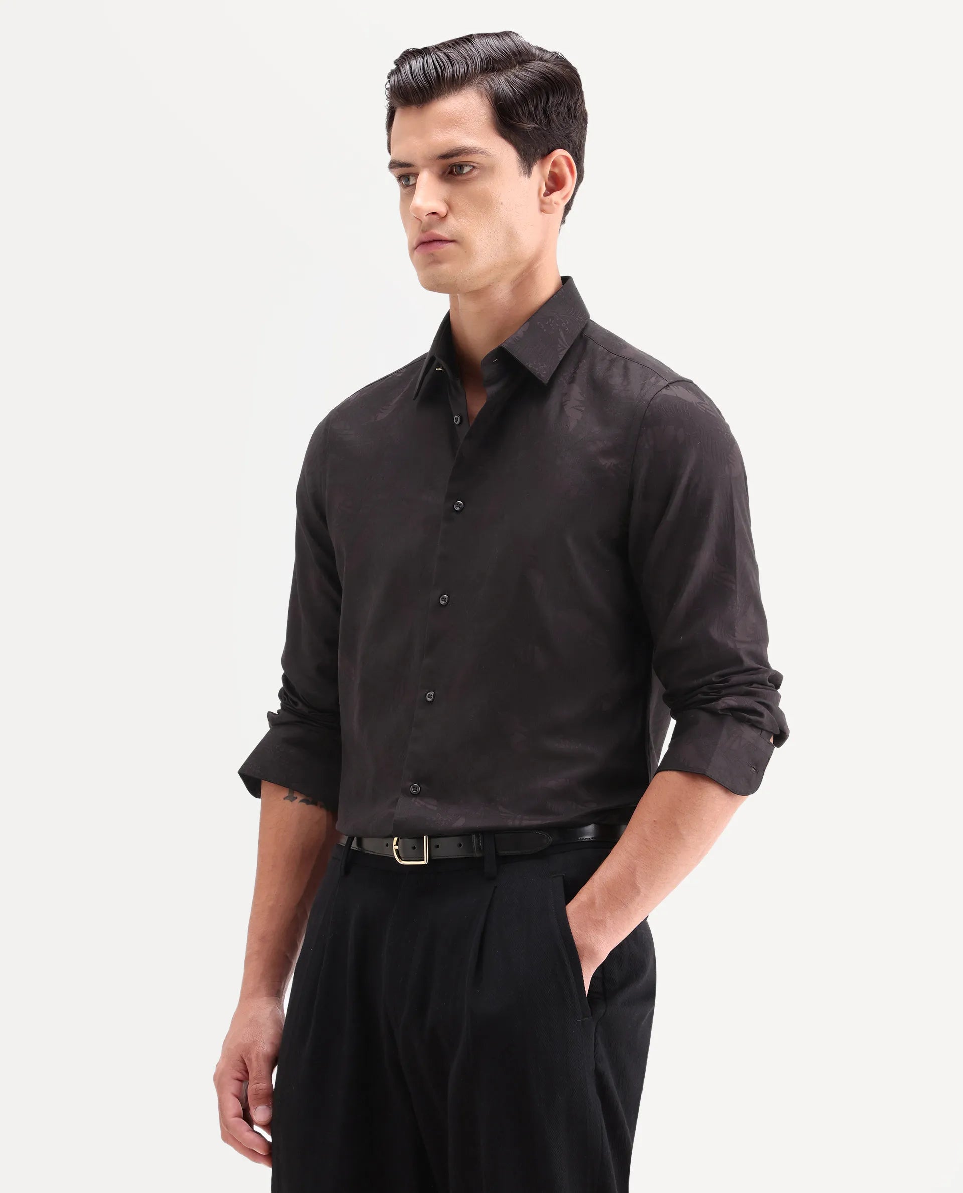 Rare Rabbit Men's Blen Maroon Cotton Fabric Full Sleeve Spread Collar Button Regular Fit Jacquard Shirt