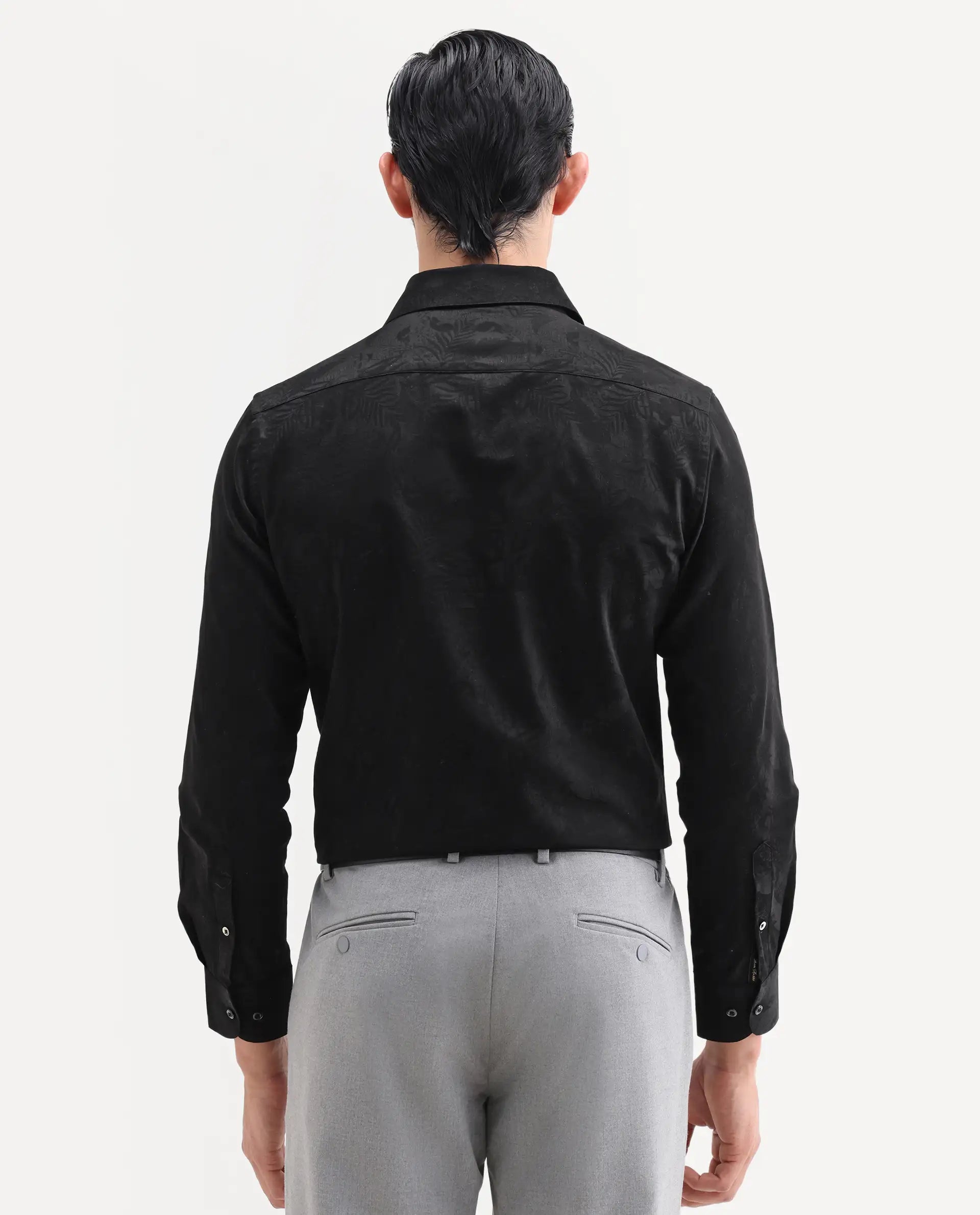 Rare Rabbit Men's Blen Black Cotton Fabric Full Sleeve Spread Collar Button Regular Jacquard Shirt