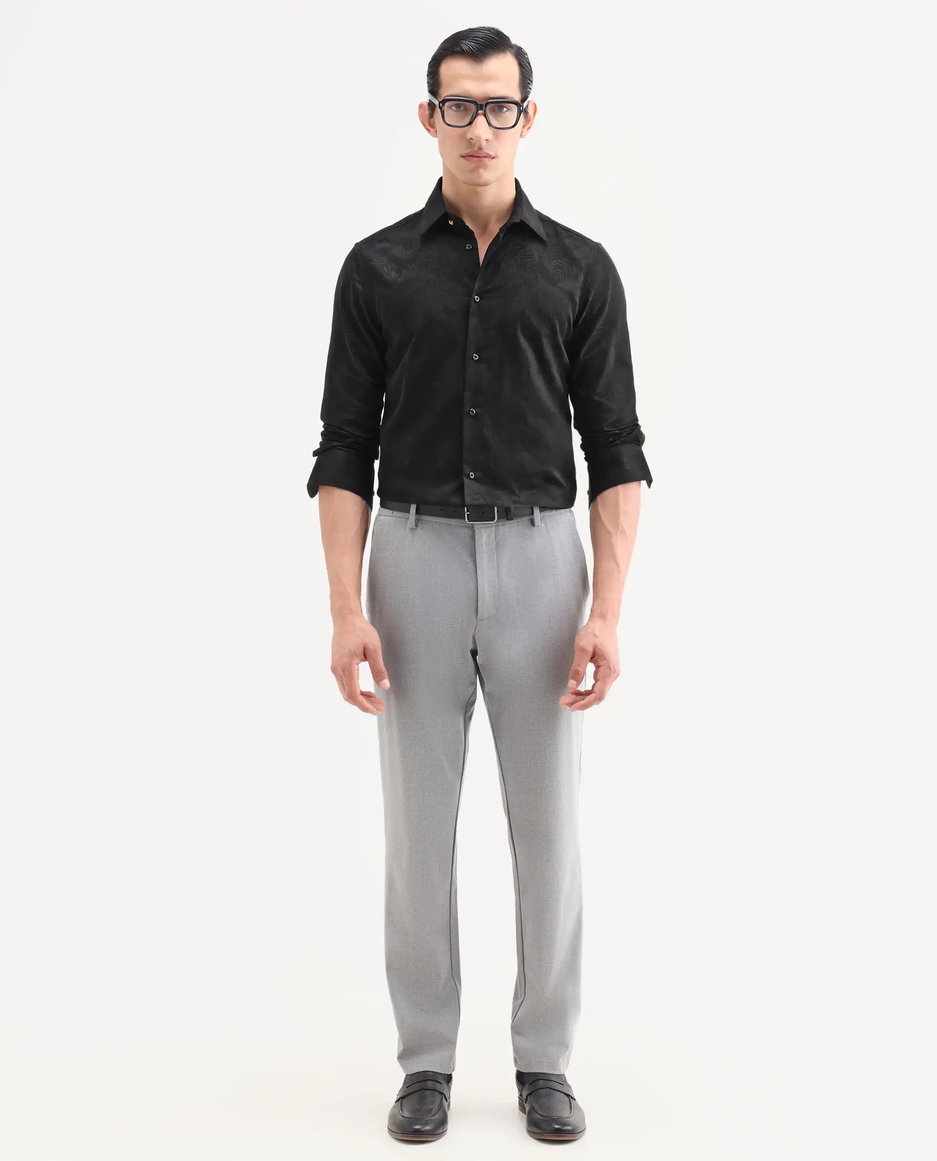Rare Rabbit Men's Blen Black Cotton Fabric Full Sleeve Spread Collar Button Regular Jacquard Shirt