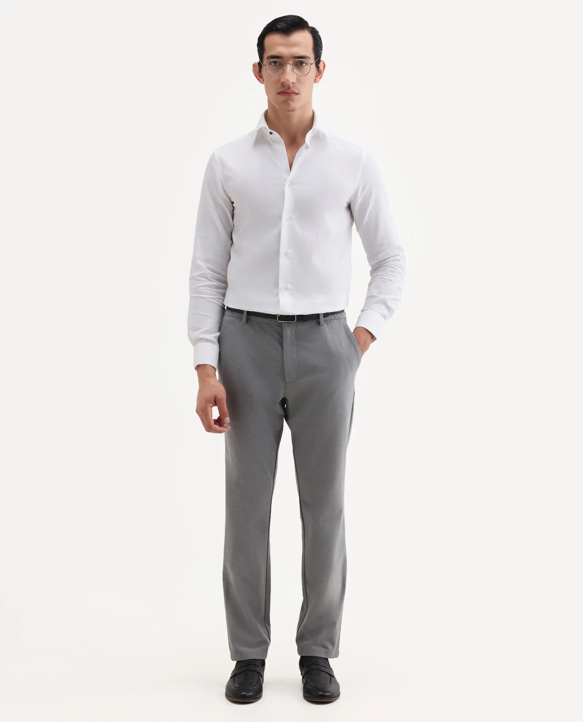 Rare Rabbit Men's Ovia White Cotton Fabric Full Sleeve Spread Collar Regular Plain Shirt