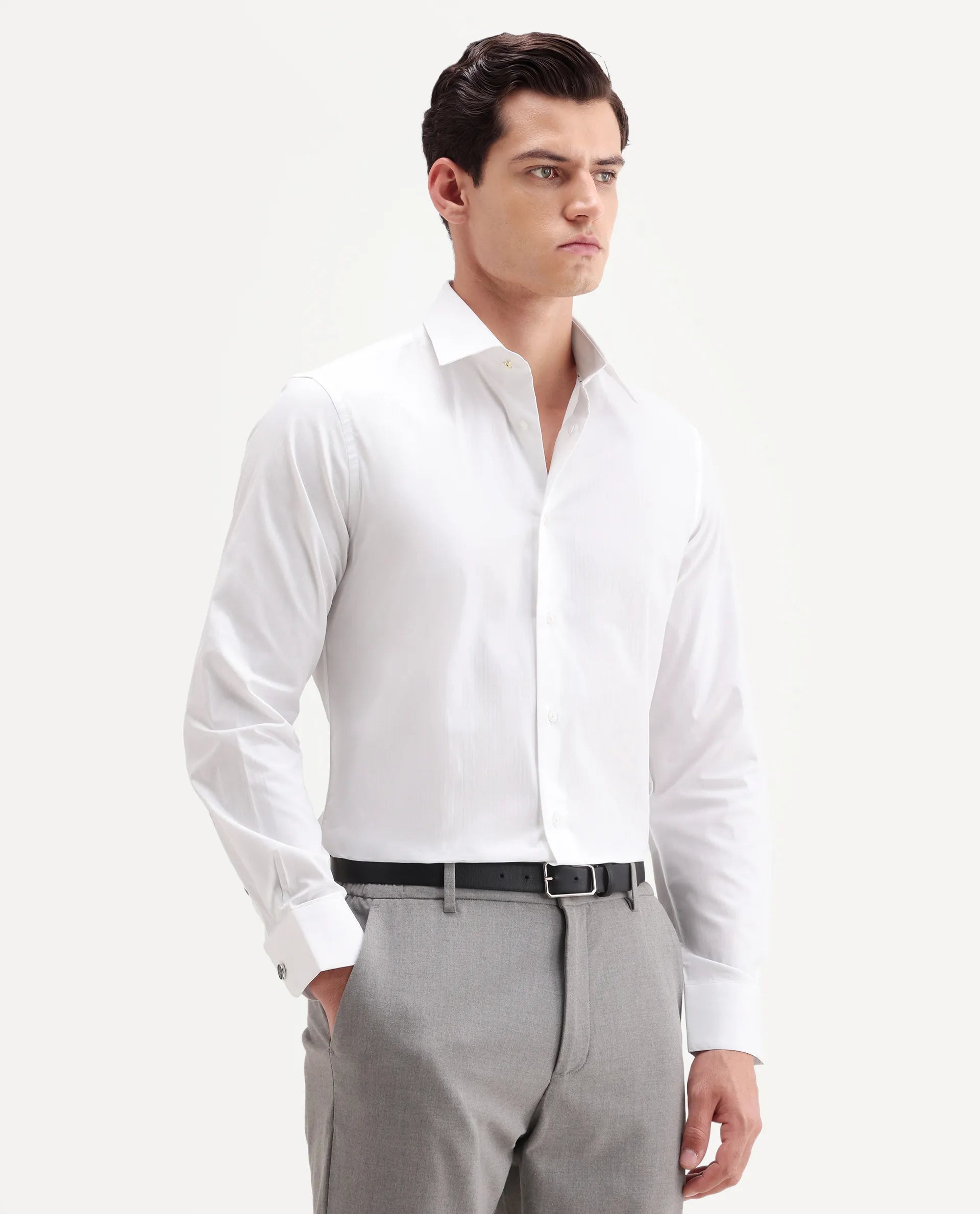Rare Rabbit Men's Brisc-26 White Cotton Fabric Full Sleeve Spread Collar Button Regular Plain Shirt