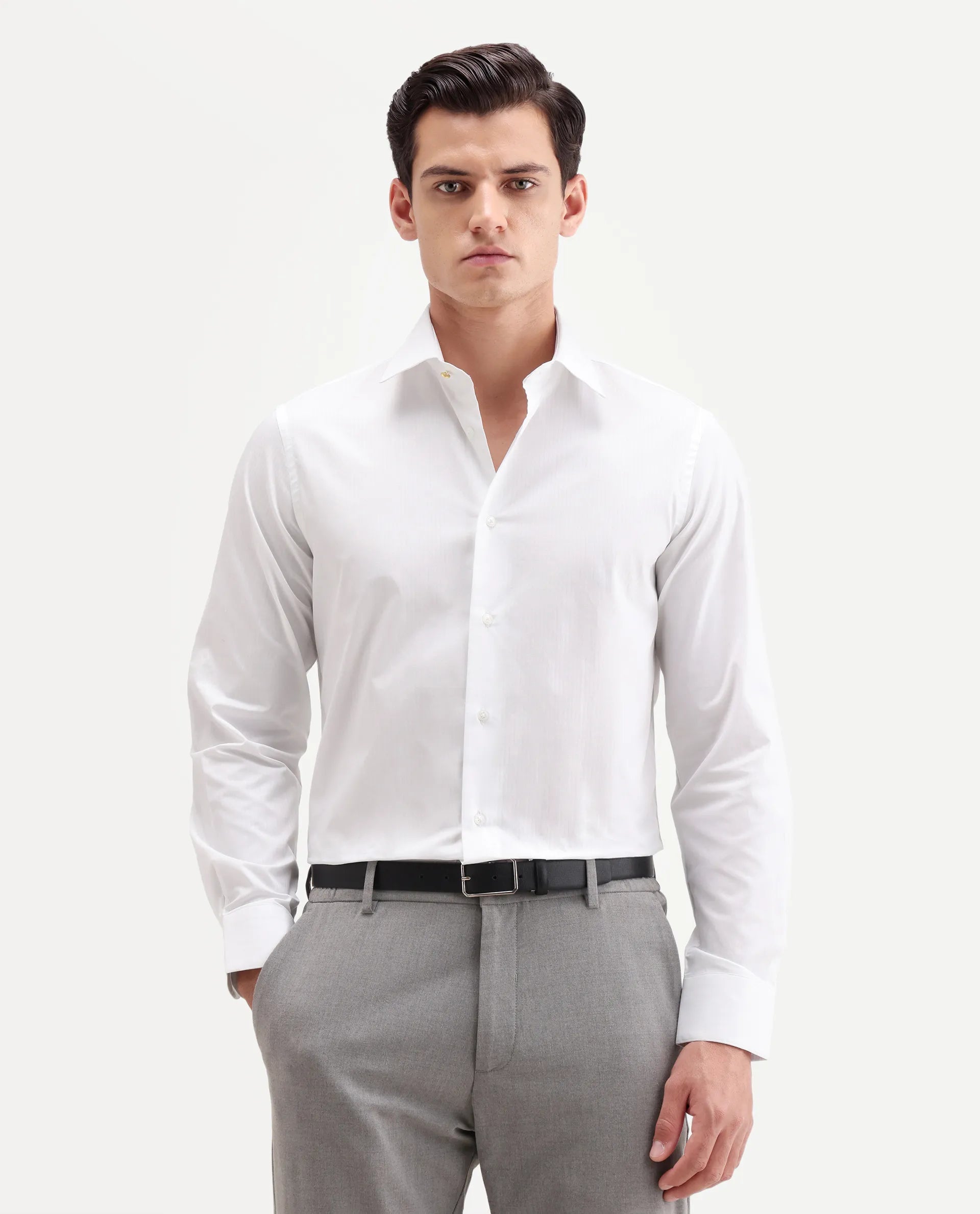 Rare Rabbit Men's Brisc-26 White Cotton Fabric Full Sleeve Spread Collar Button Regular Plain Shirt