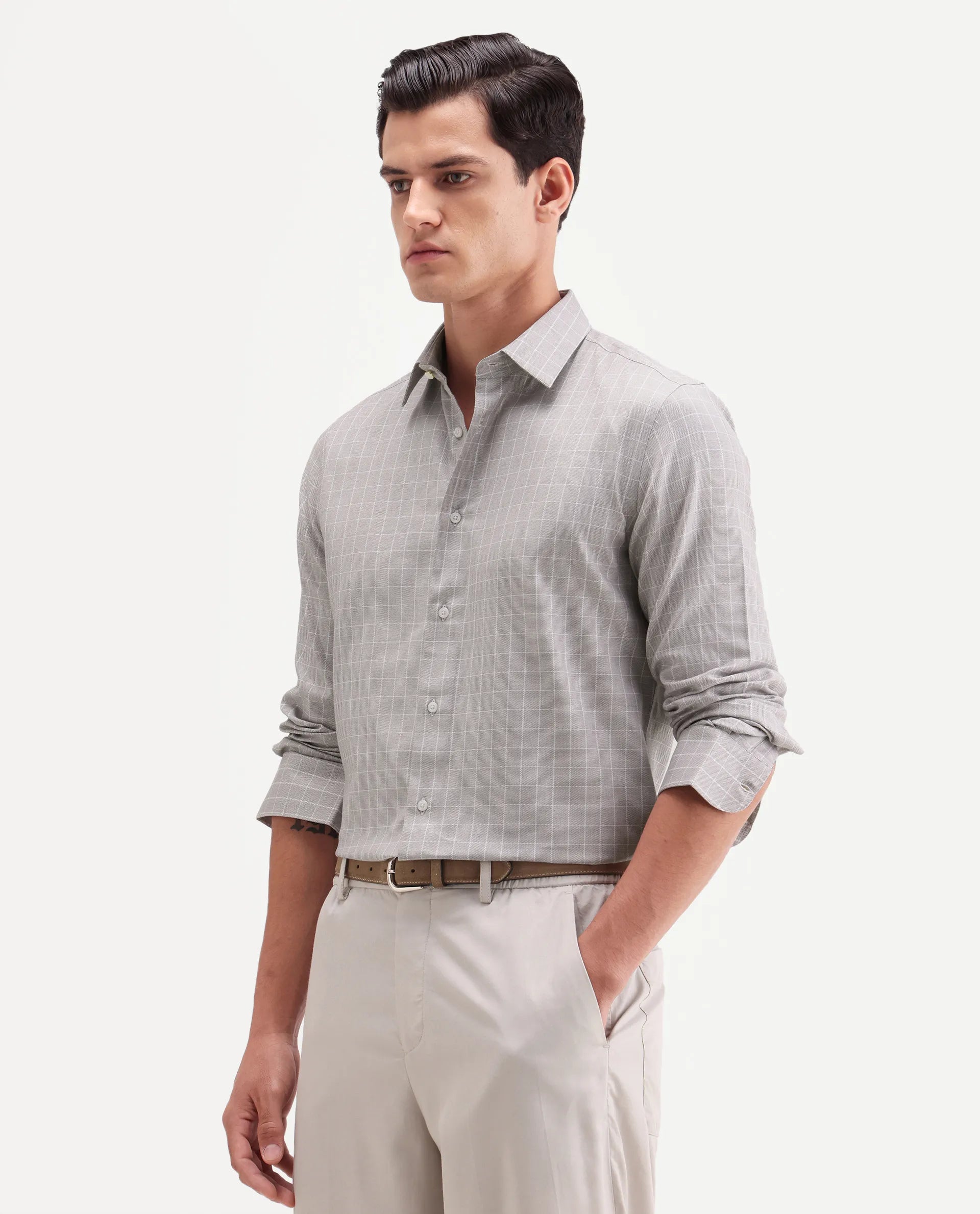 Rare Rabbit Men's Caler Light Grey Cotton Full Sleeve Spread Collar Regular Fit Checked Shirt