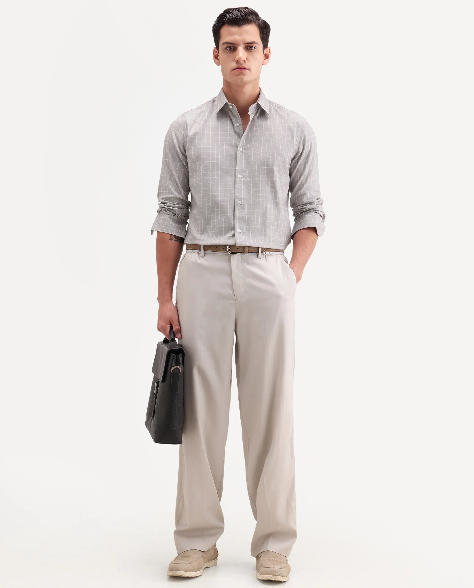 Rare Rabbit Men's Caler Light Grey Cotton Full Sleeve Spread Collar Regular Fit Checked Shirt