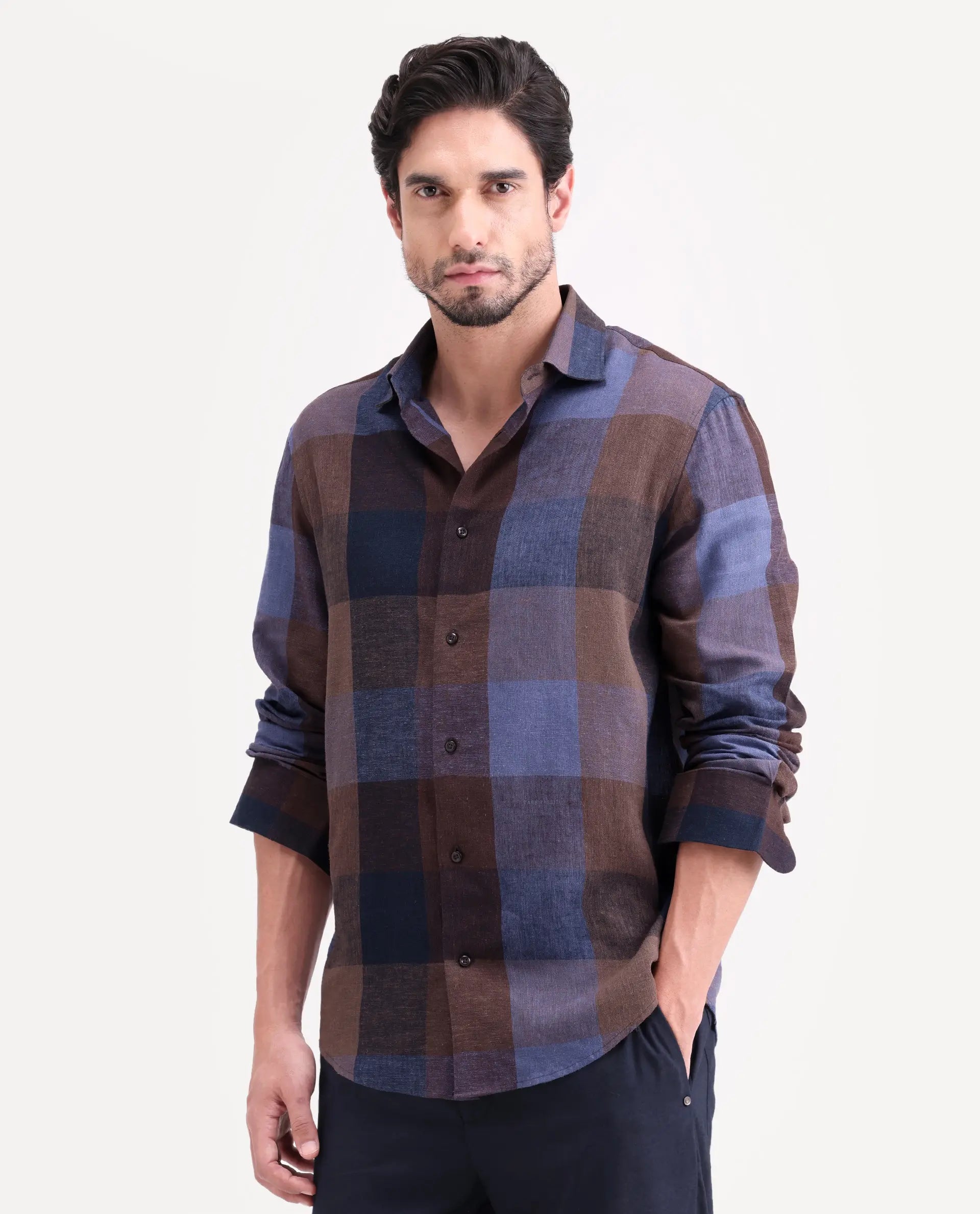 Rare Rabbit Men's Calum-S26 Pastel Multi Linen Blend Full Sleeve Spread Collar Regular Fit Checked Shirt