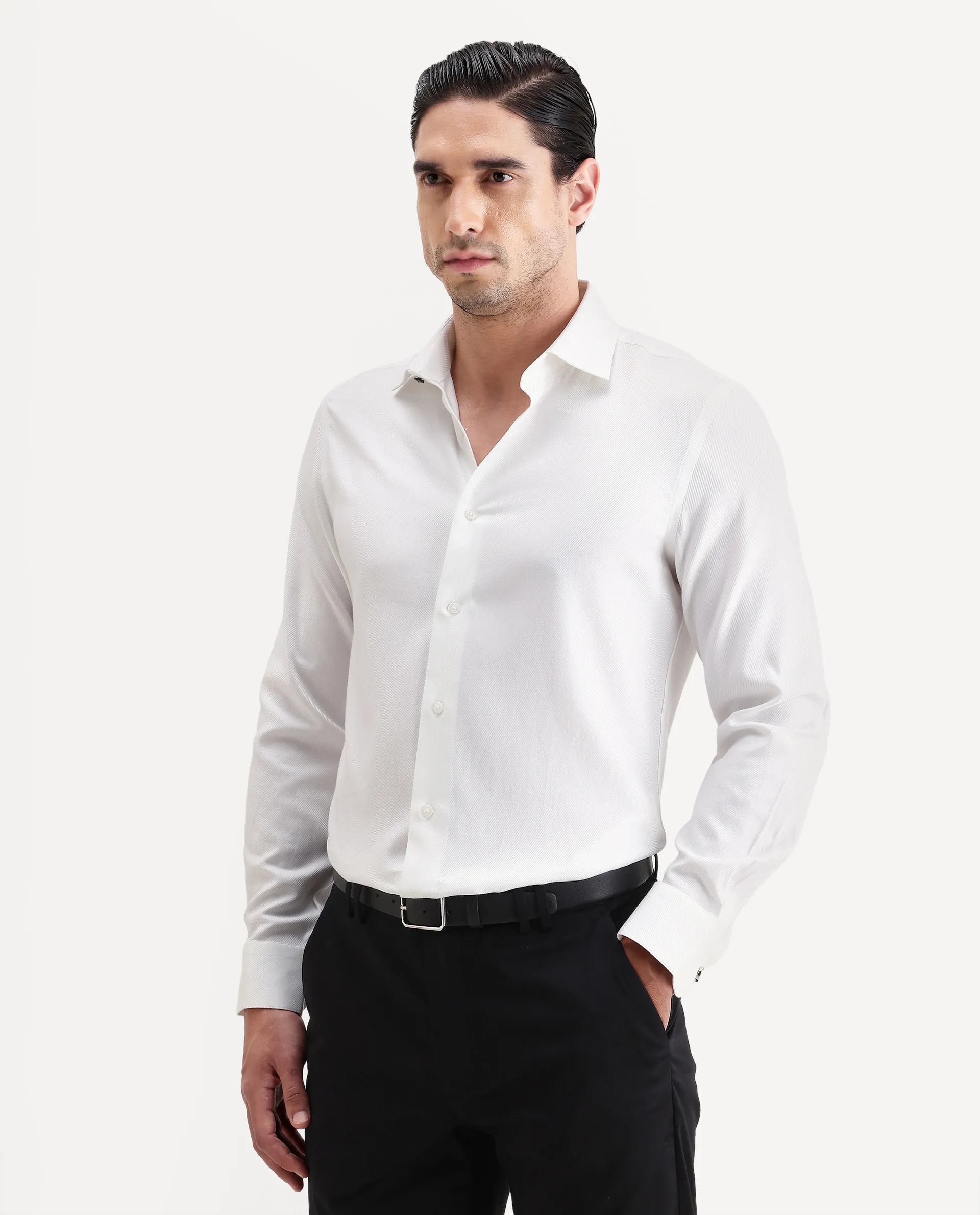 Rare Rabbit Men's Civo White Cotton Fabric Full Sleeve Spread Collar Button Regular Plain Shirt