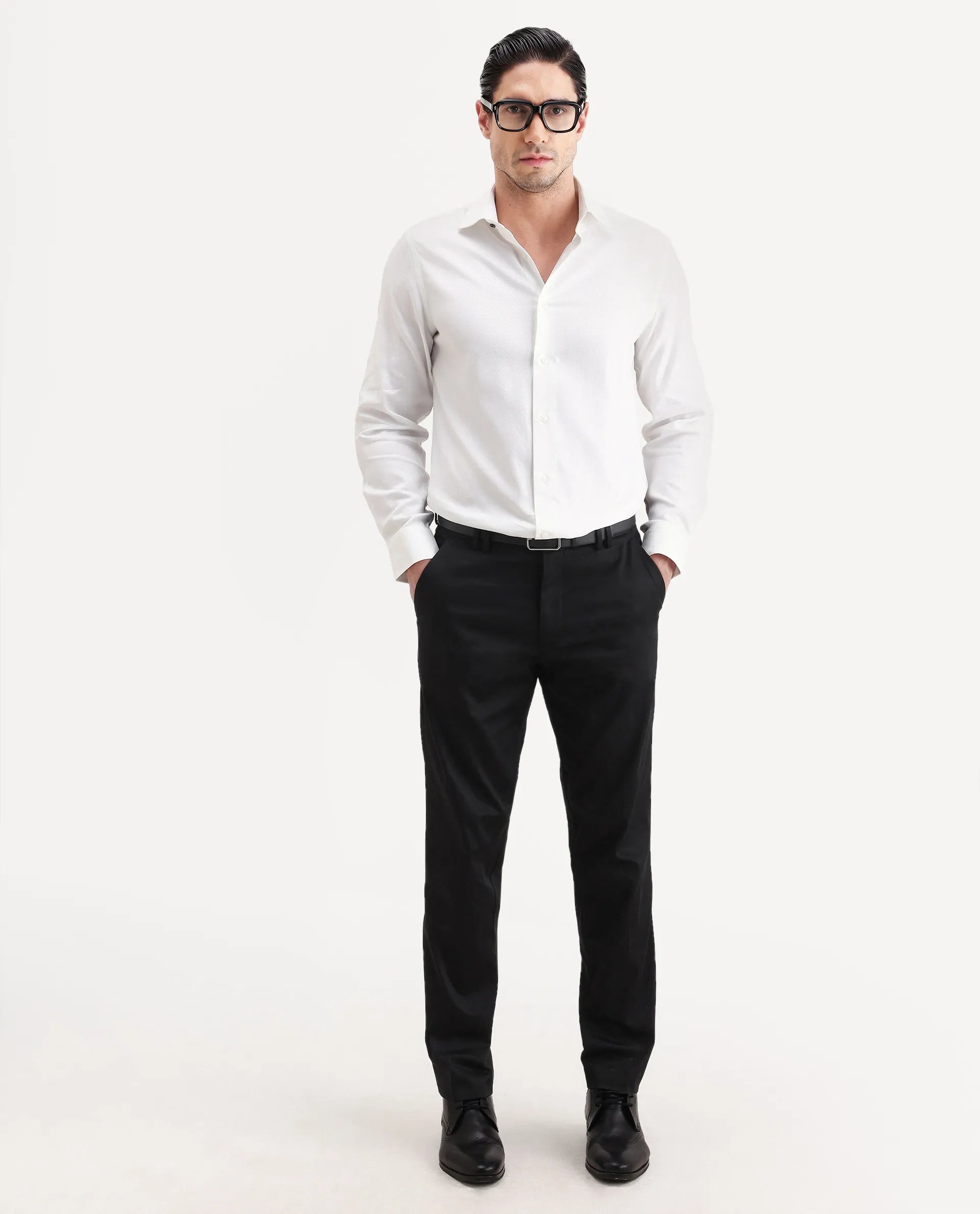 Rare Rabbit Men's Civo White Cotton Fabric Full Sleeve Spread Collar Button Regular Plain Shirt