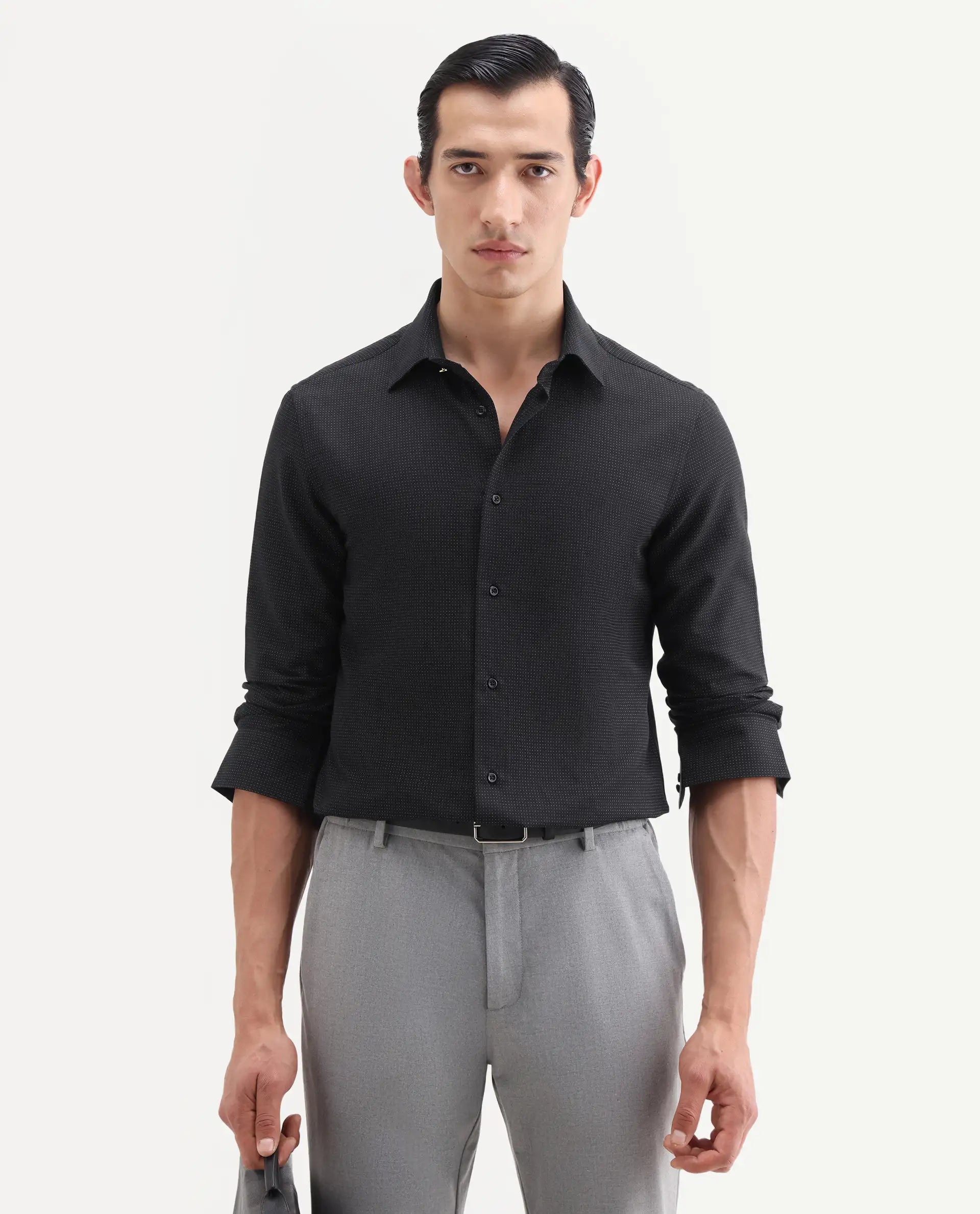 Rare Rabbit Men's Clor-26 Black Cotton Fabric Full Sleeve Spread Collar Button Regular Plain Shirt