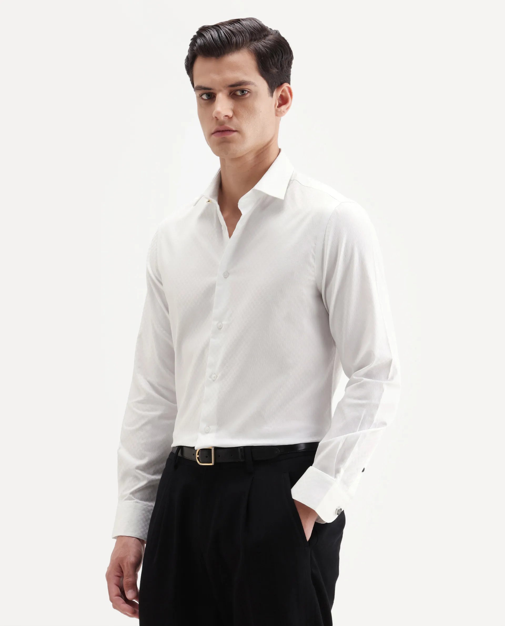 Rare Rabbit Men's Dunde White Cotton Full Sleeve Spread Collar Regular Fit Plain Shirt