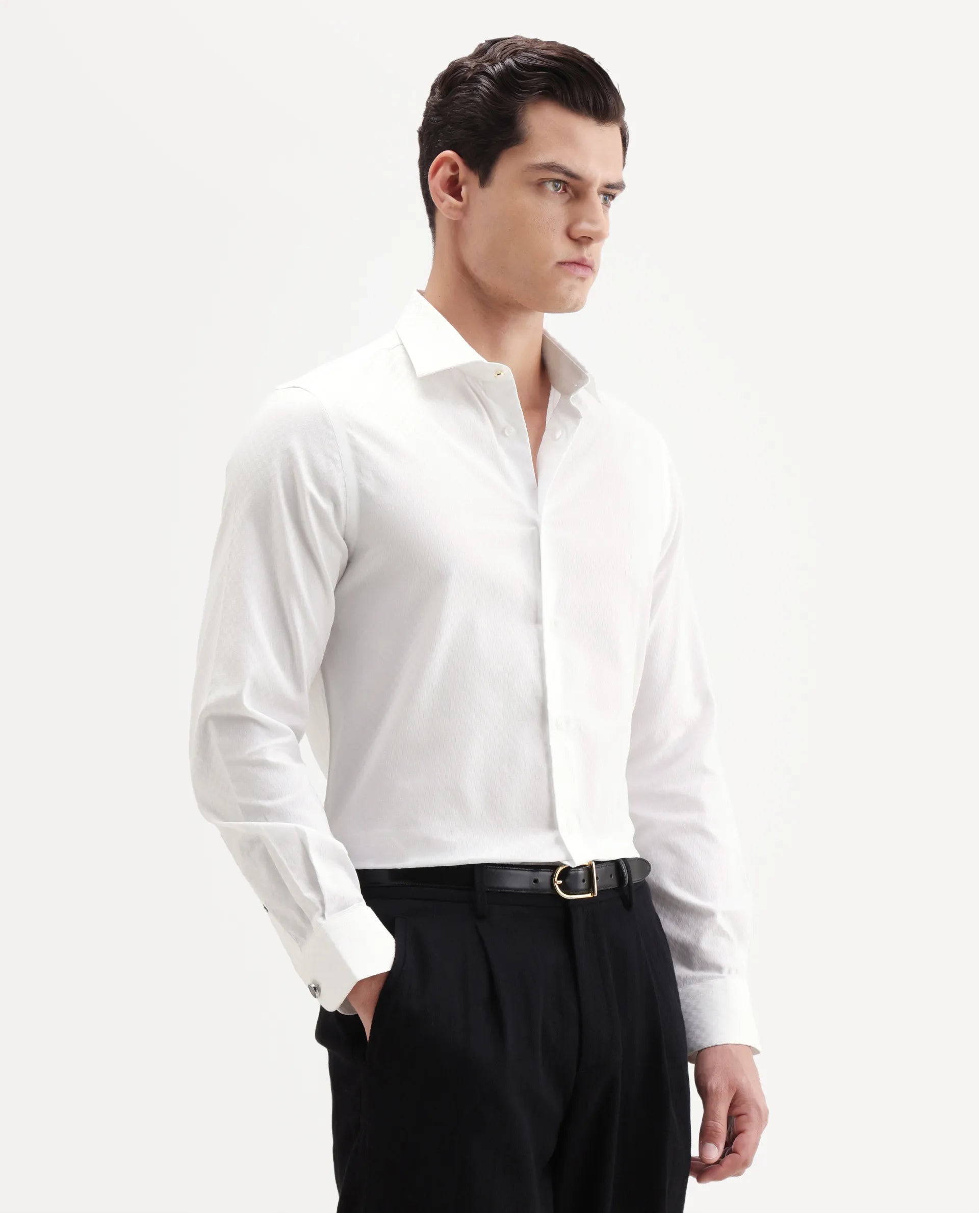 Rare Rabbit Men's Dunde White Cotton Full Sleeve Spread Collar Regular Fit Plain Shirt