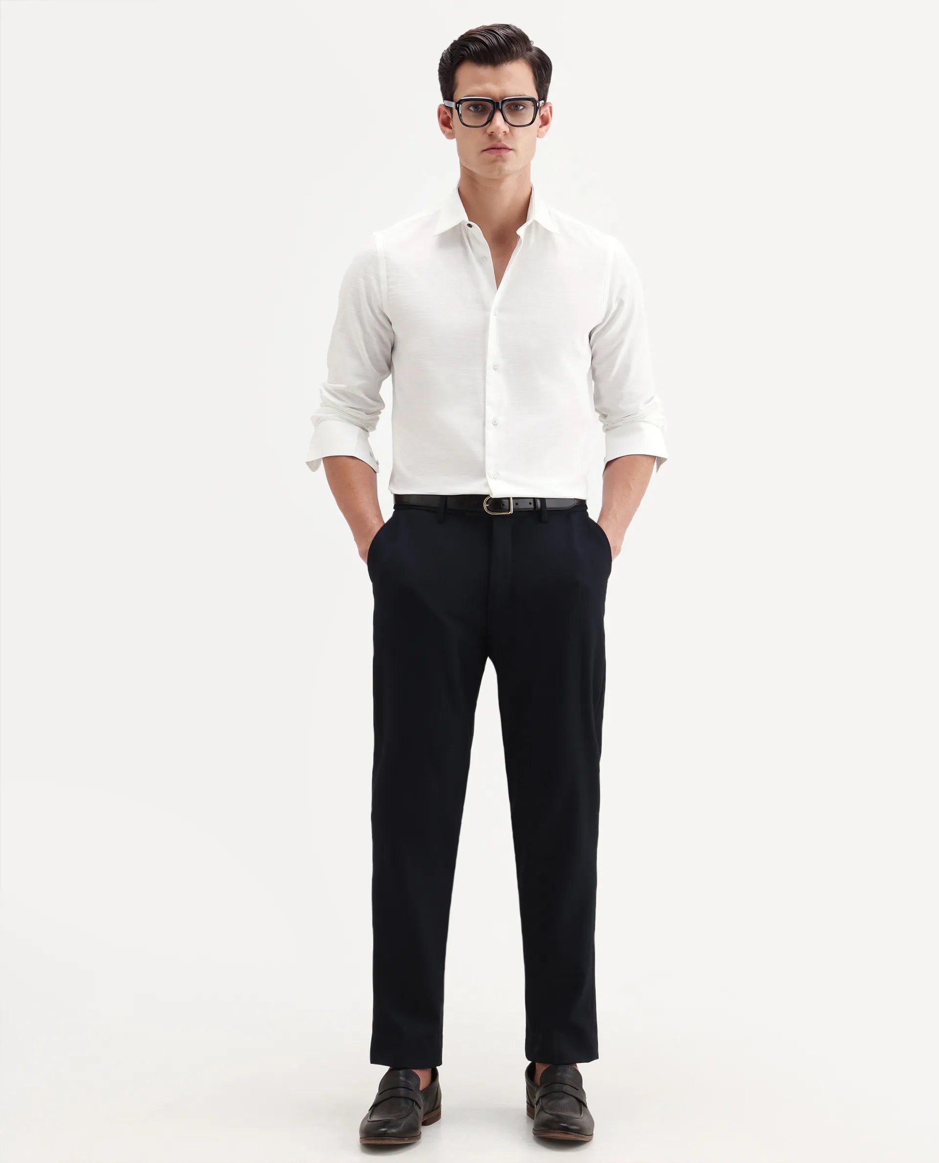 Rare Rabbit Men's Filo White Cotton Full Sleeve Spread Collar Regular Fit Plain Shirt