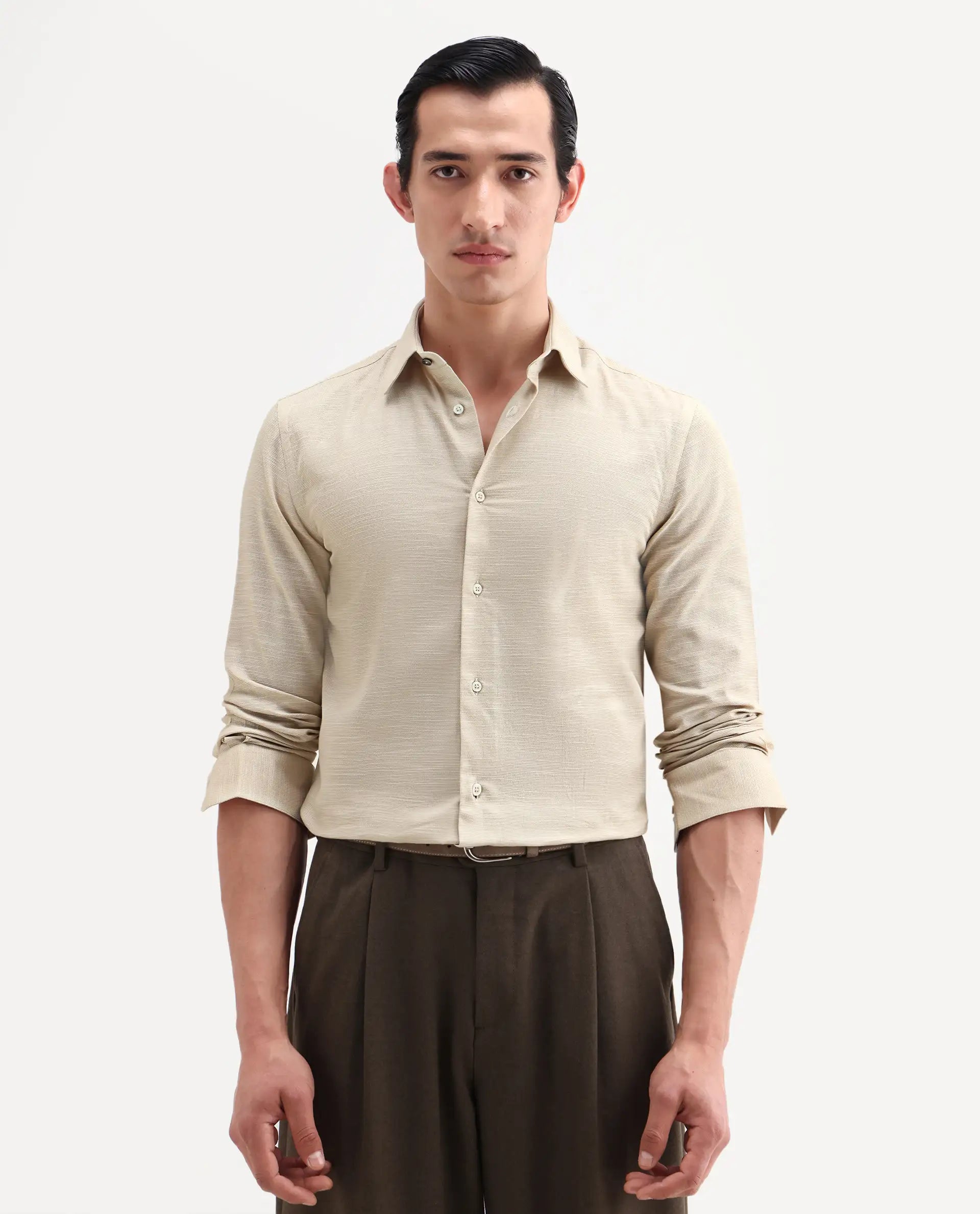 Rare Rabbit Men's Filo Light Grey Cotton Full Sleeve Spread Collar Regular Fit Plain Shirt