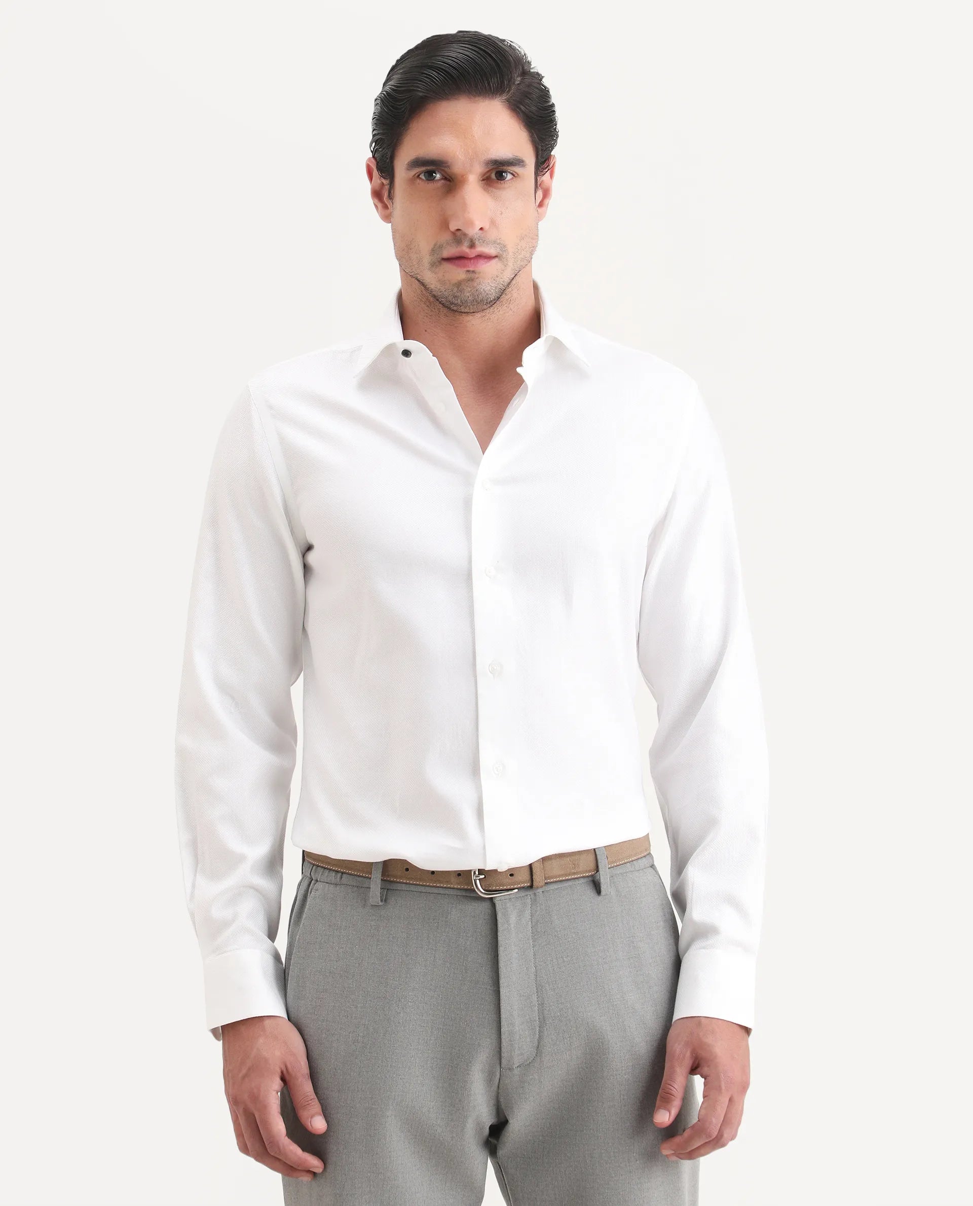 Rare Rabbit Men's Glyn White Cotton Fabric Full Sleeve Spread Collar Button Regular Plain Shirt