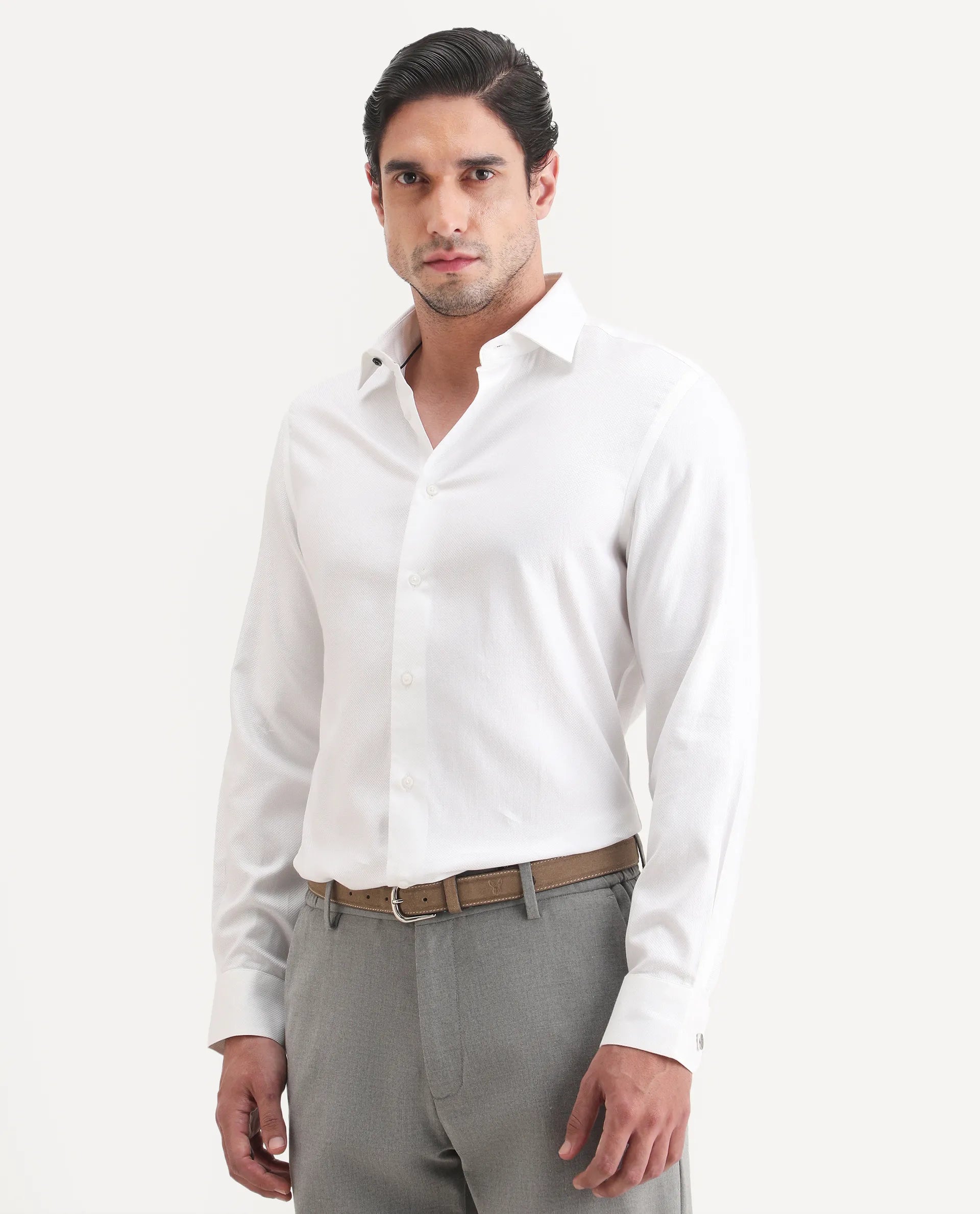 Rare Rabbit Men's Glyn White Cotton Fabric Full Sleeve Spread Collar Button Regular Plain Shirt