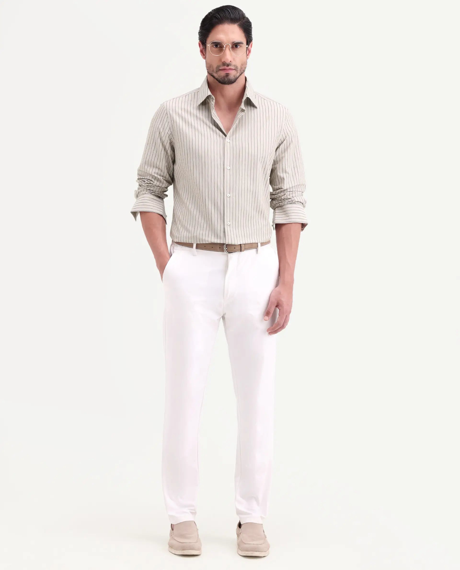 Rare Rabbit Men's Hamp Beige Cotton Fabric Full Sleeve Spread Collar Button Regular Striped Shirt