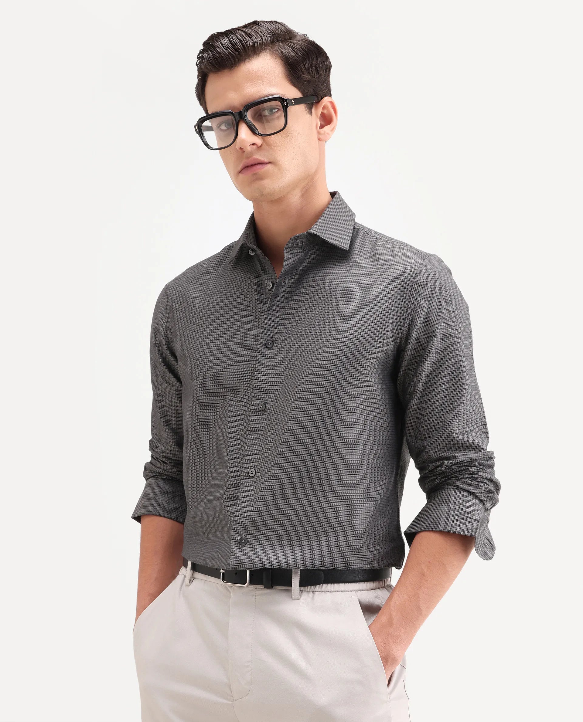 Rare Rabbit Men's Horm Dark Grey Cotton Fabric Full Sleeve Spread Collar Button Regular Plain Shirt