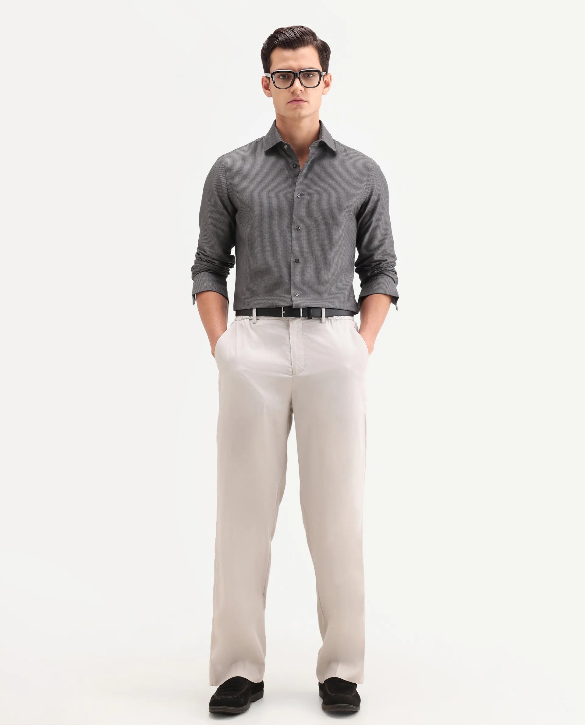 Rare Rabbit Men's Horm Dark Grey Cotton Fabric Full Sleeve Spread Collar Button Regular Plain Shirt