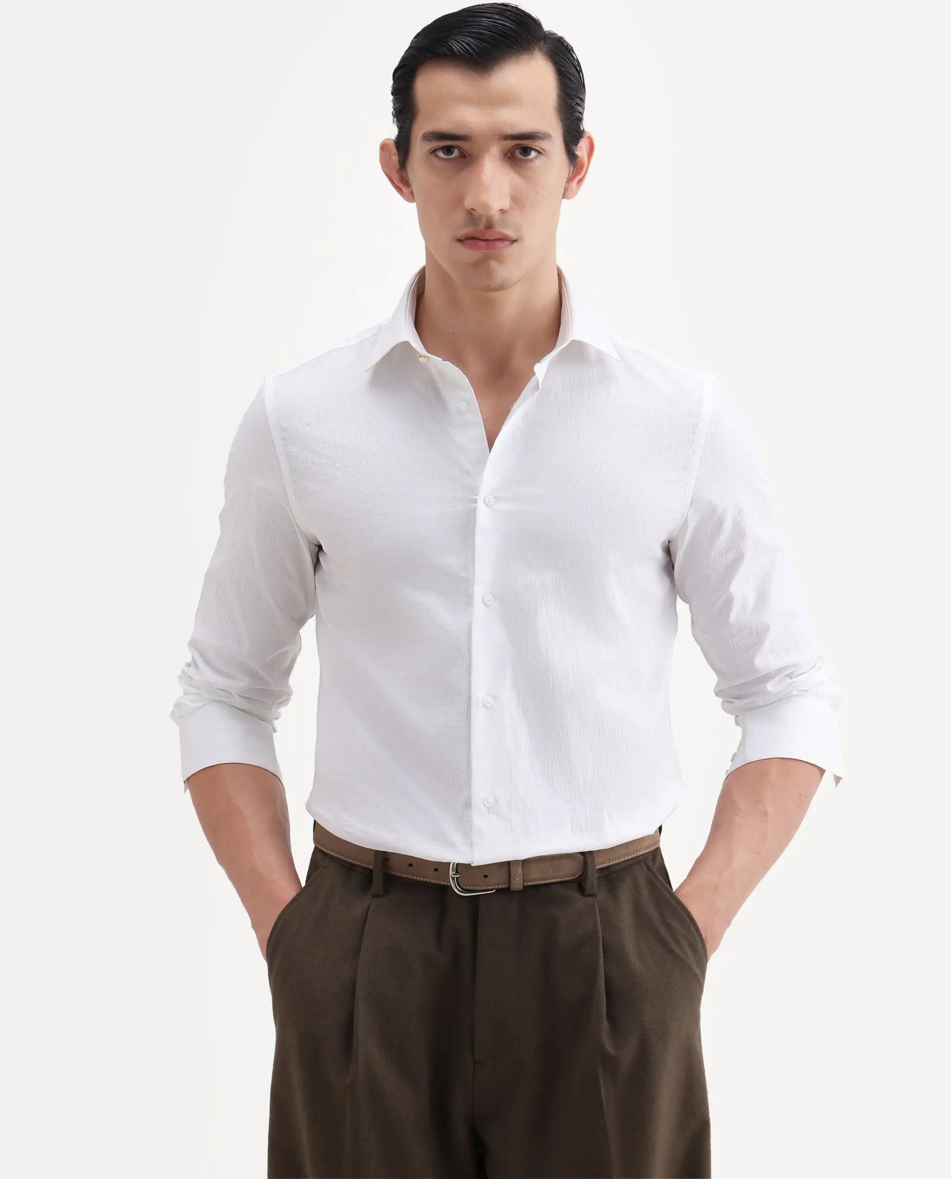 Rare Rabbit Men's Jige White Cotton Fabric Full Sleeve Spread Collar Button Regular Plain Shirt