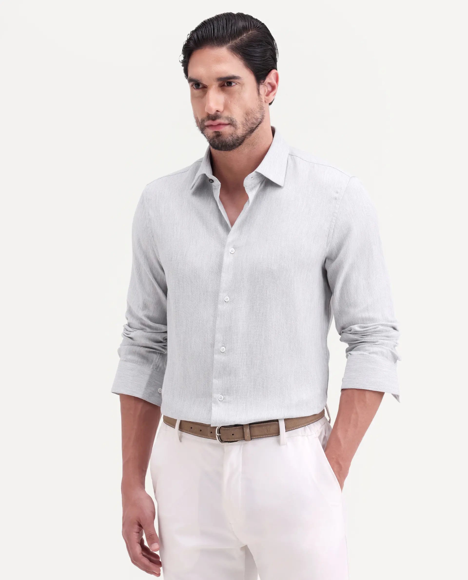 Rare Rabbit Men's Jovi Light Grey Cotton Blend Fabric Full Sleeve Spread Collar Button Regular Plain Shirt