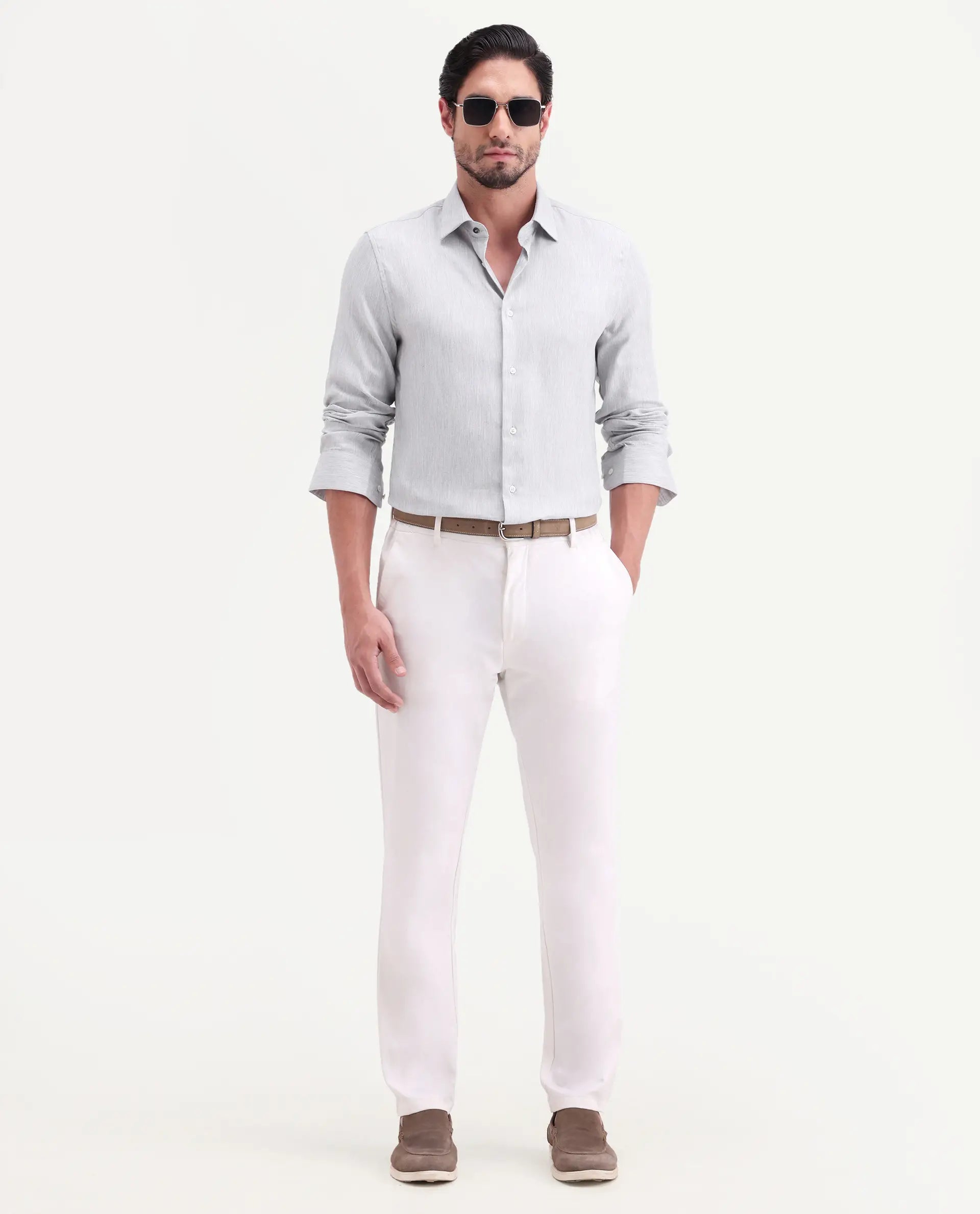 Rare Rabbit Men's Jovi Light Grey Cotton Blend Fabric Full Sleeve Spread Collar Button Regular Plain Shirt