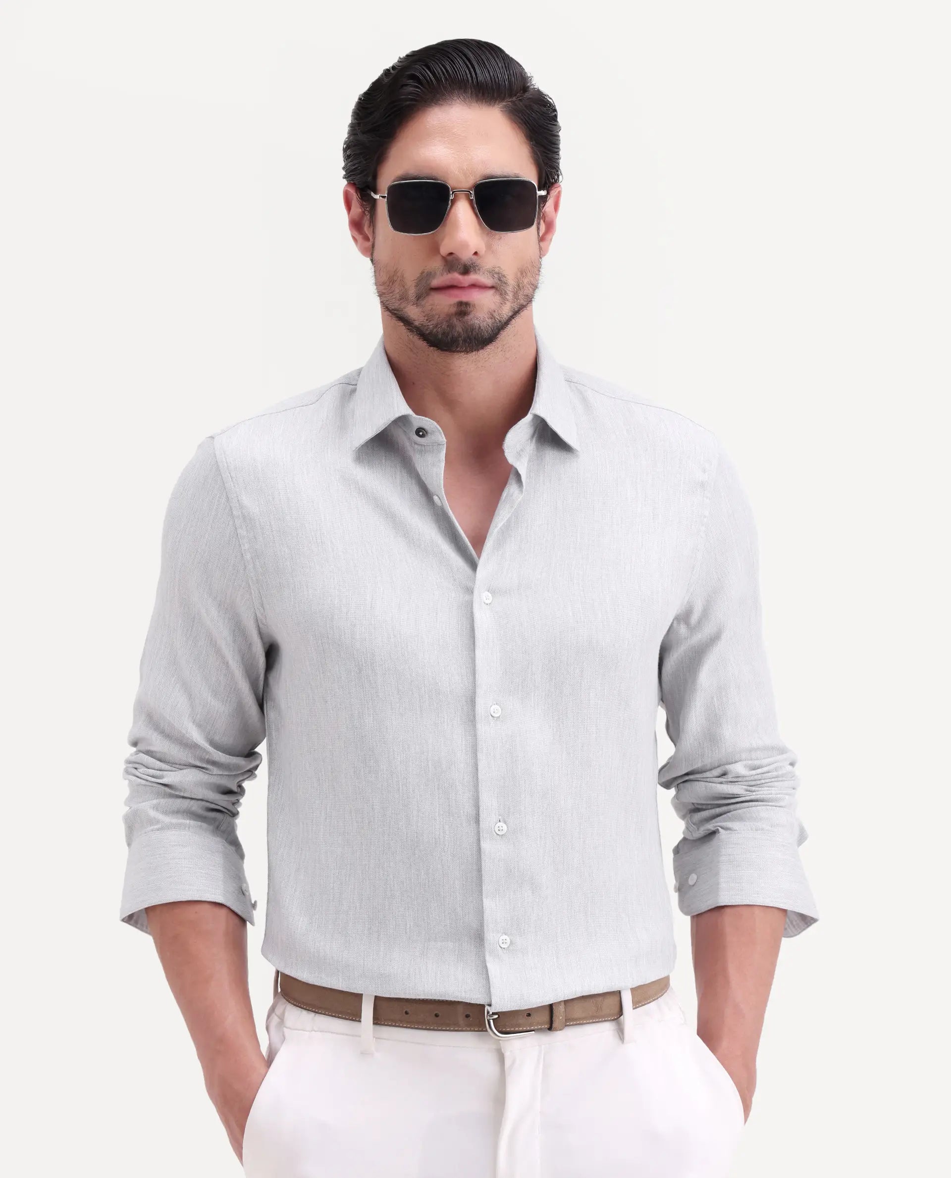 Rare Rabbit Men's Jovi Light Grey Cotton Blend Fabric Full Sleeve Spread Collar Button Regular Plain Shirt