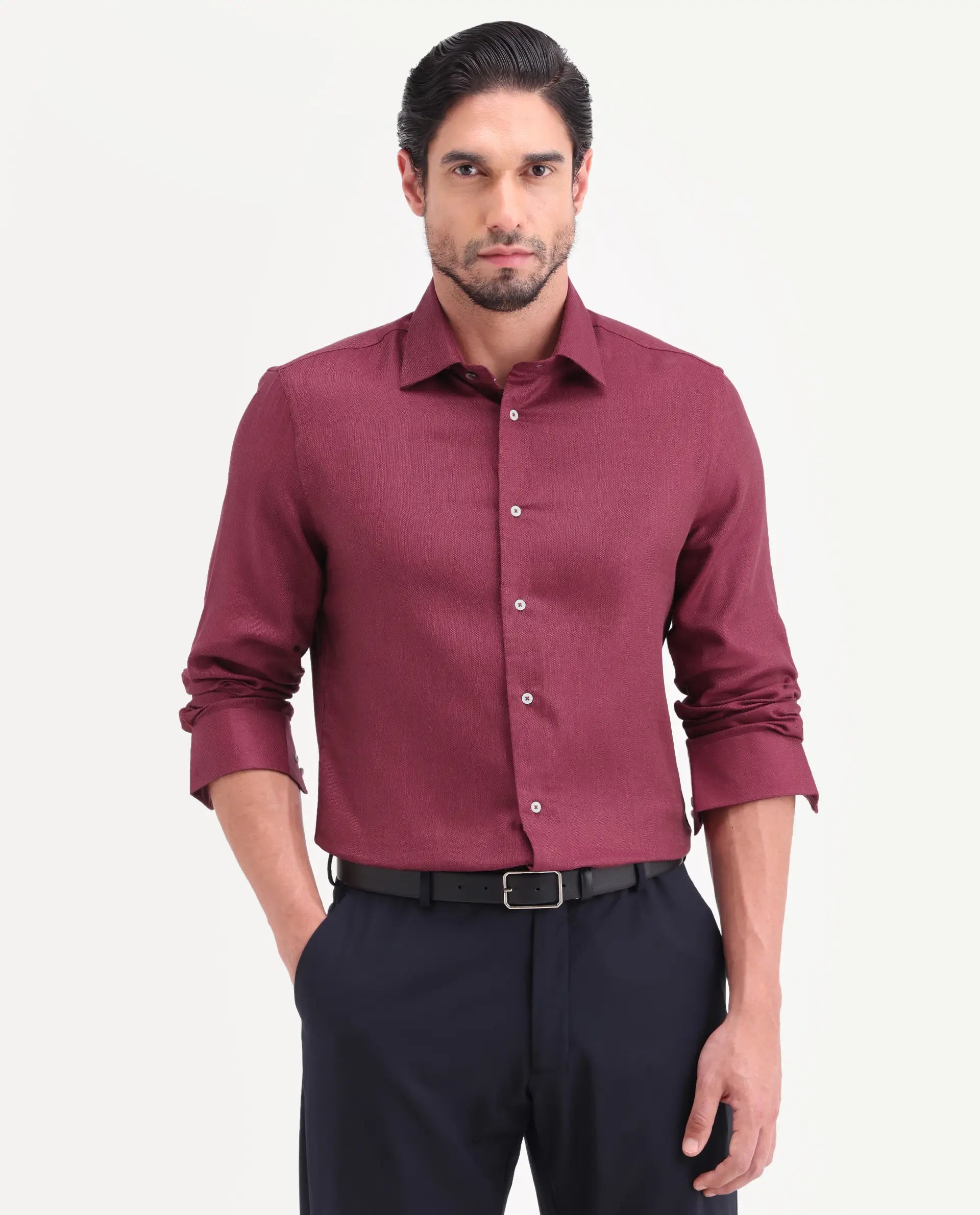 Rare Rabbit Men's Jovi Dusky Red Cotton Blend Fabric Full Sleeve Spread Collar Button Regular Plain Shirt