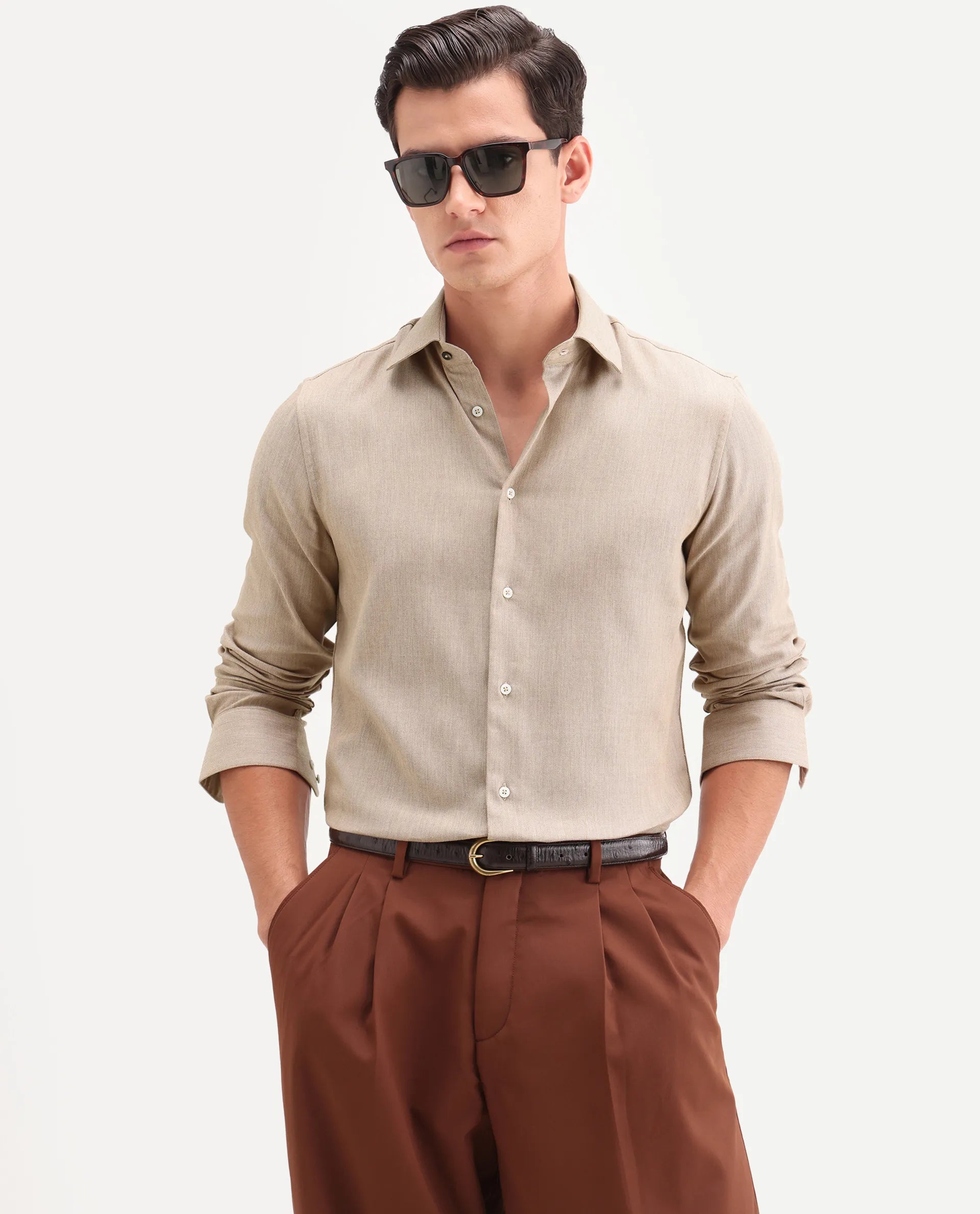 Rare Rabbit Men's Jovi Light Beige Cotton Blend Fabric Full Sleeve Spread Collar Button Regular Plain Shirt