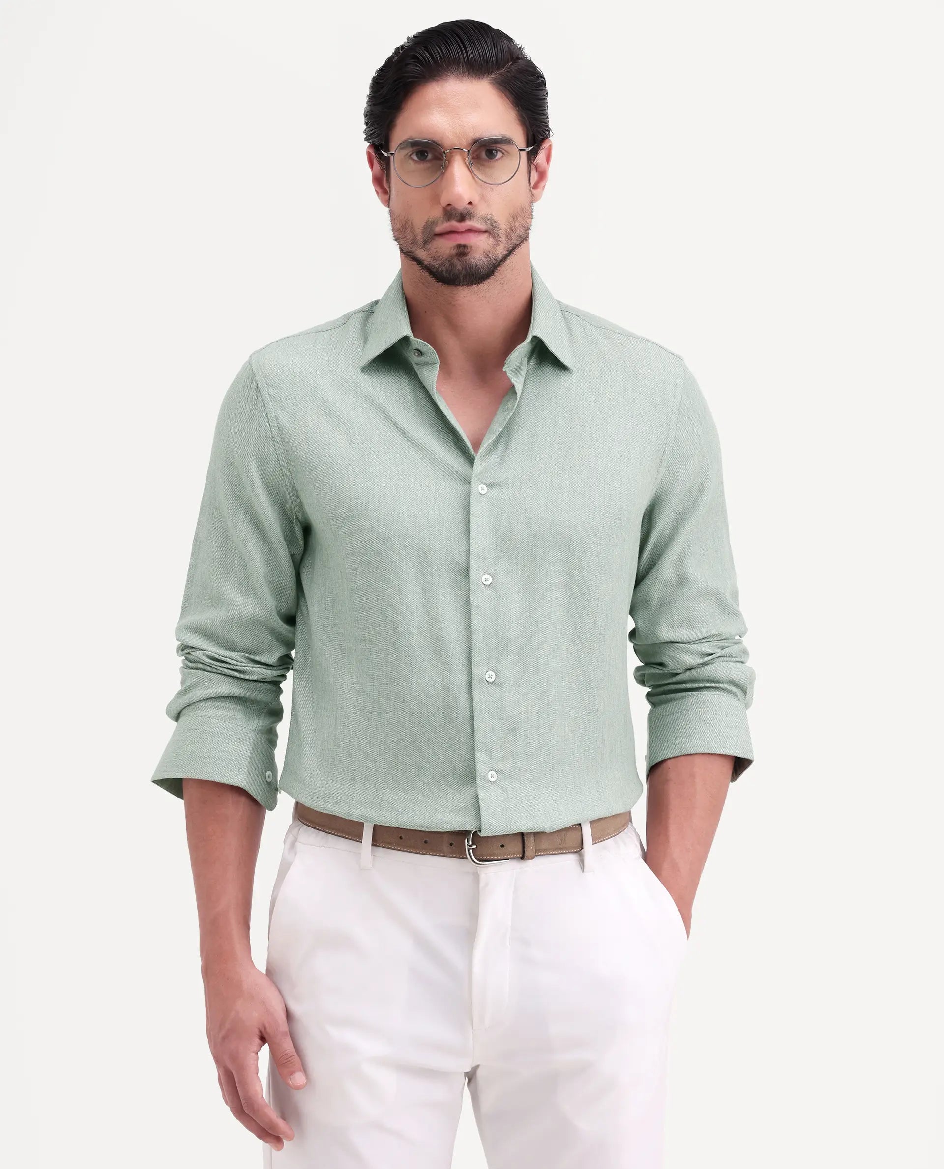 Rare Rabbit Men's Jovi Dusky Green Cotton Blend Fabric Full Sleeve Spread Collar Button Regular Plain Shirt