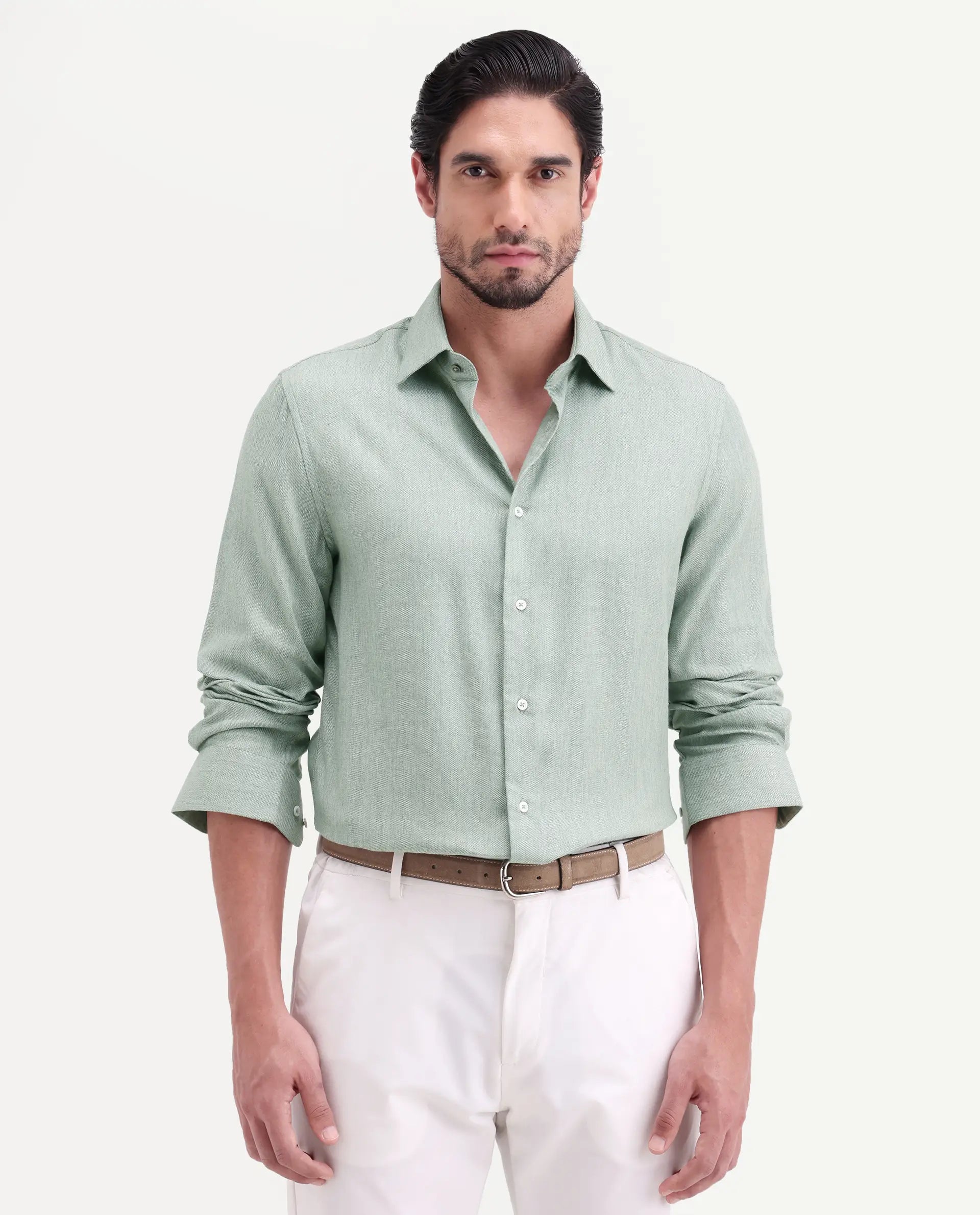 Rare Rabbit Men's Jovi Dusky Green Cotton Blend Fabric Full Sleeve Spread Collar Button Regular Plain Shirt