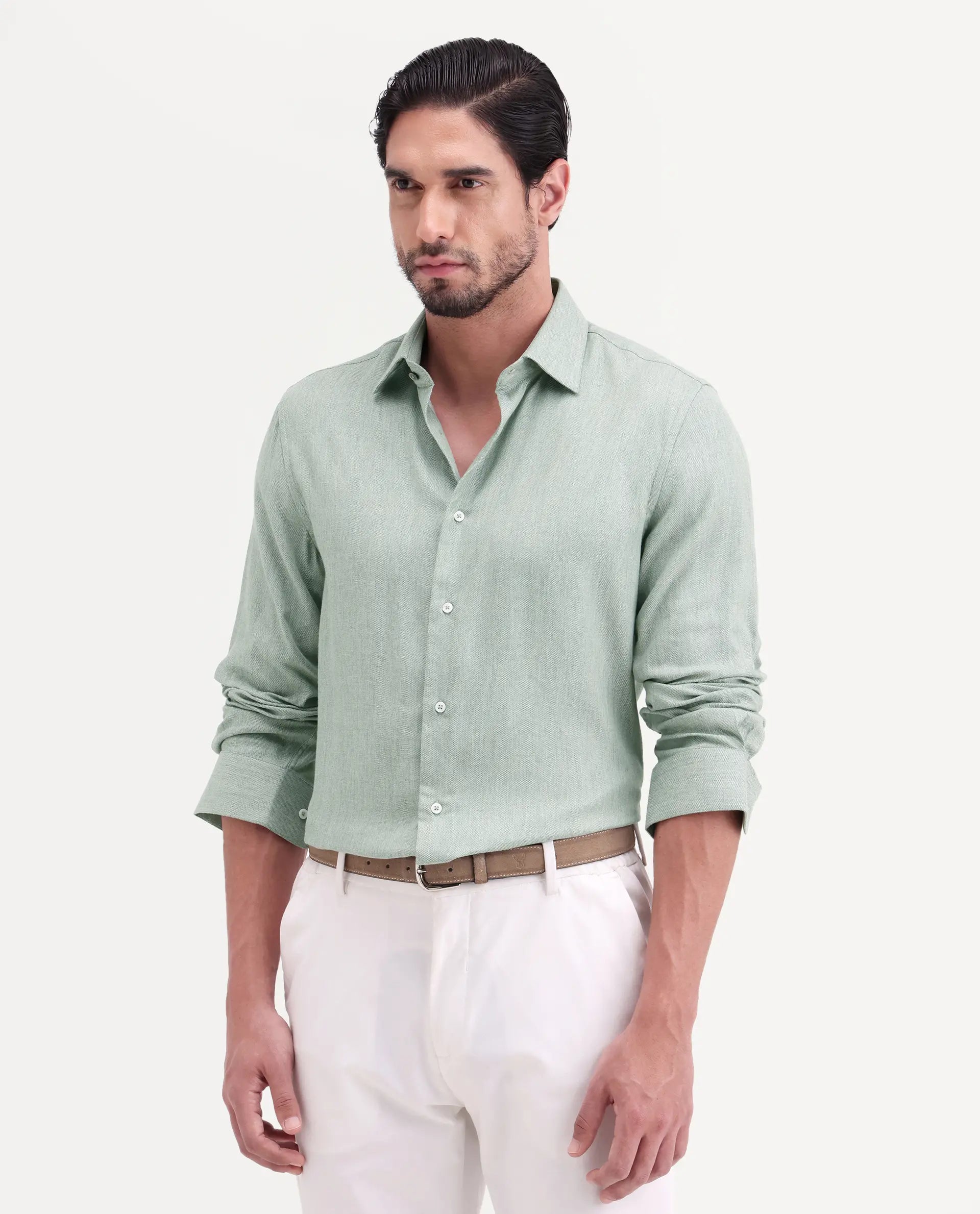 Rare Rabbit Men's Jovi Dusky Green Cotton Blend Fabric Full Sleeve Spread Collar Button Regular Plain Shirt