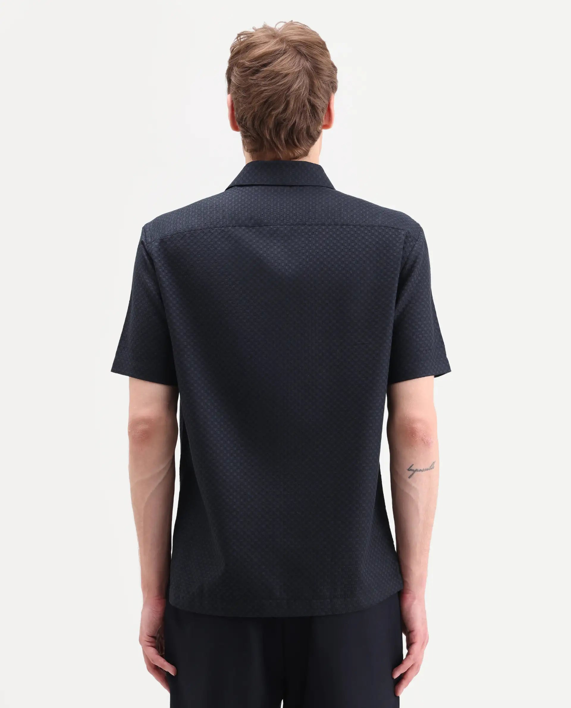 Rare Rabbit Men's Juxe-26-Ss Dark Navy Cotton Fabric Half Sleeve Spread Collar Button Regular Textured Shirt