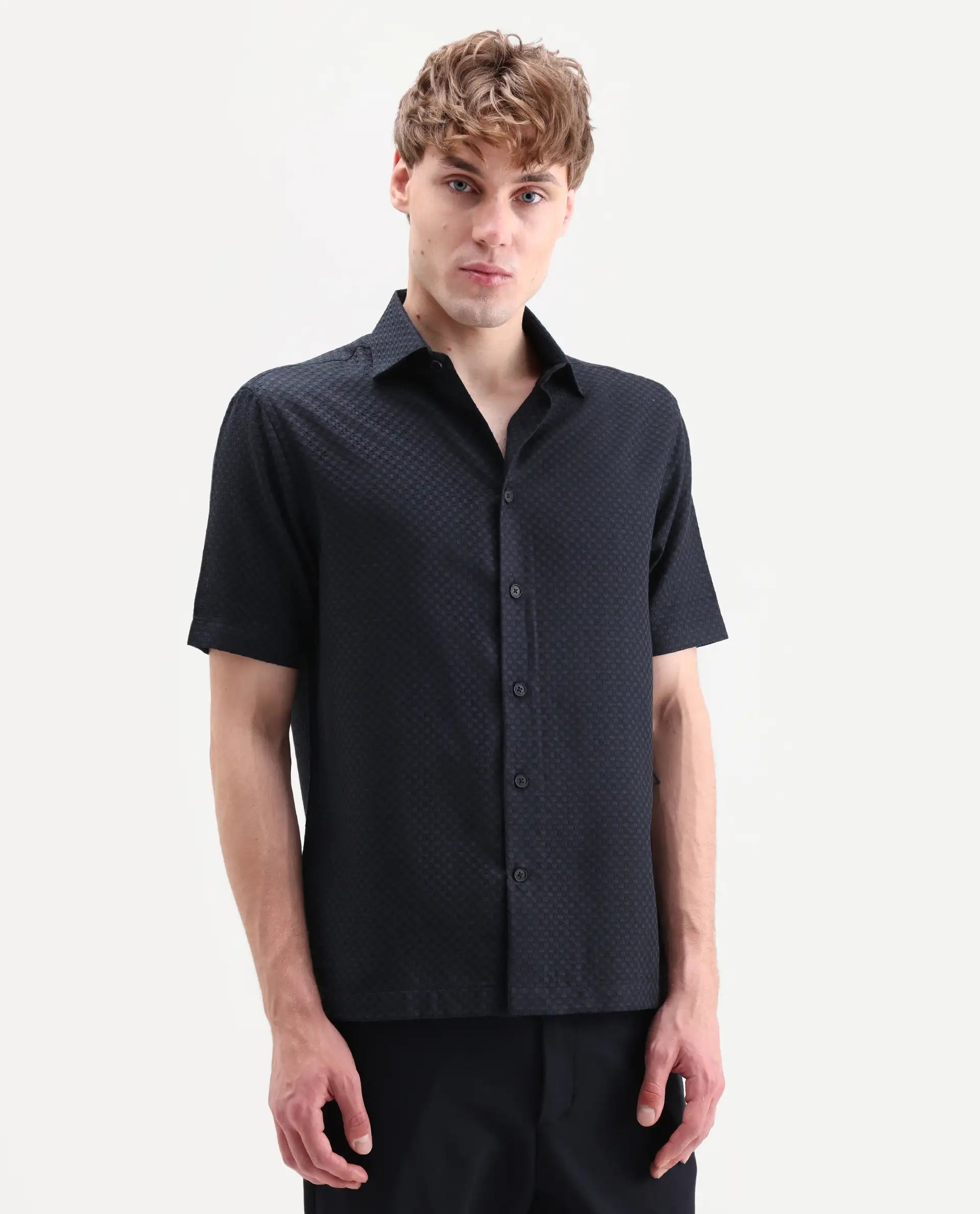 Rare Rabbit Men's Juxe-26-Ss Dark Navy Cotton Fabric Half Sleeve Spread Collar Button Regular Textured Shirt