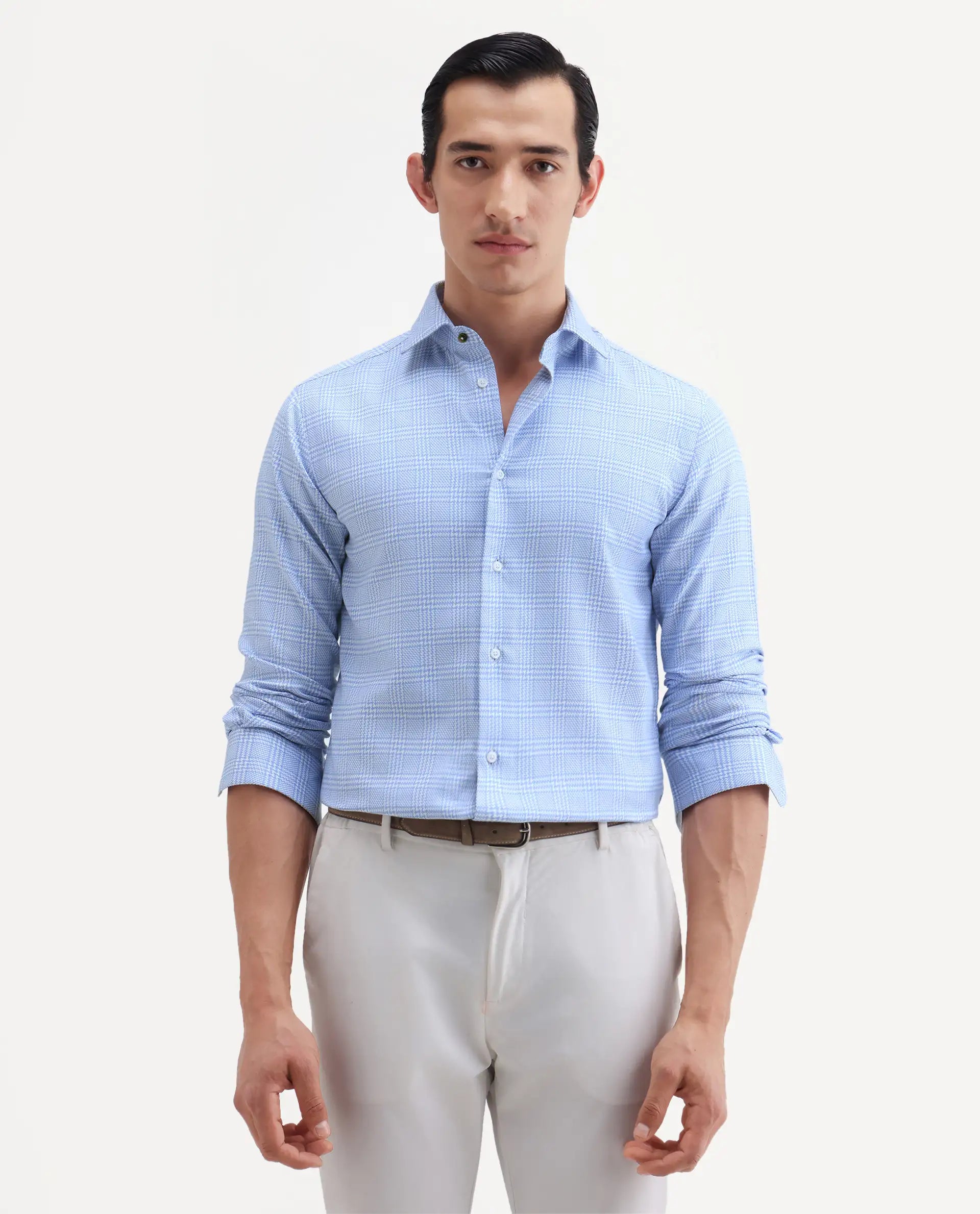 Rare Rabbit Men's Kate Light Blue Cotton Fabric Full Sleeve Spread Collar Regular Checked Shirt