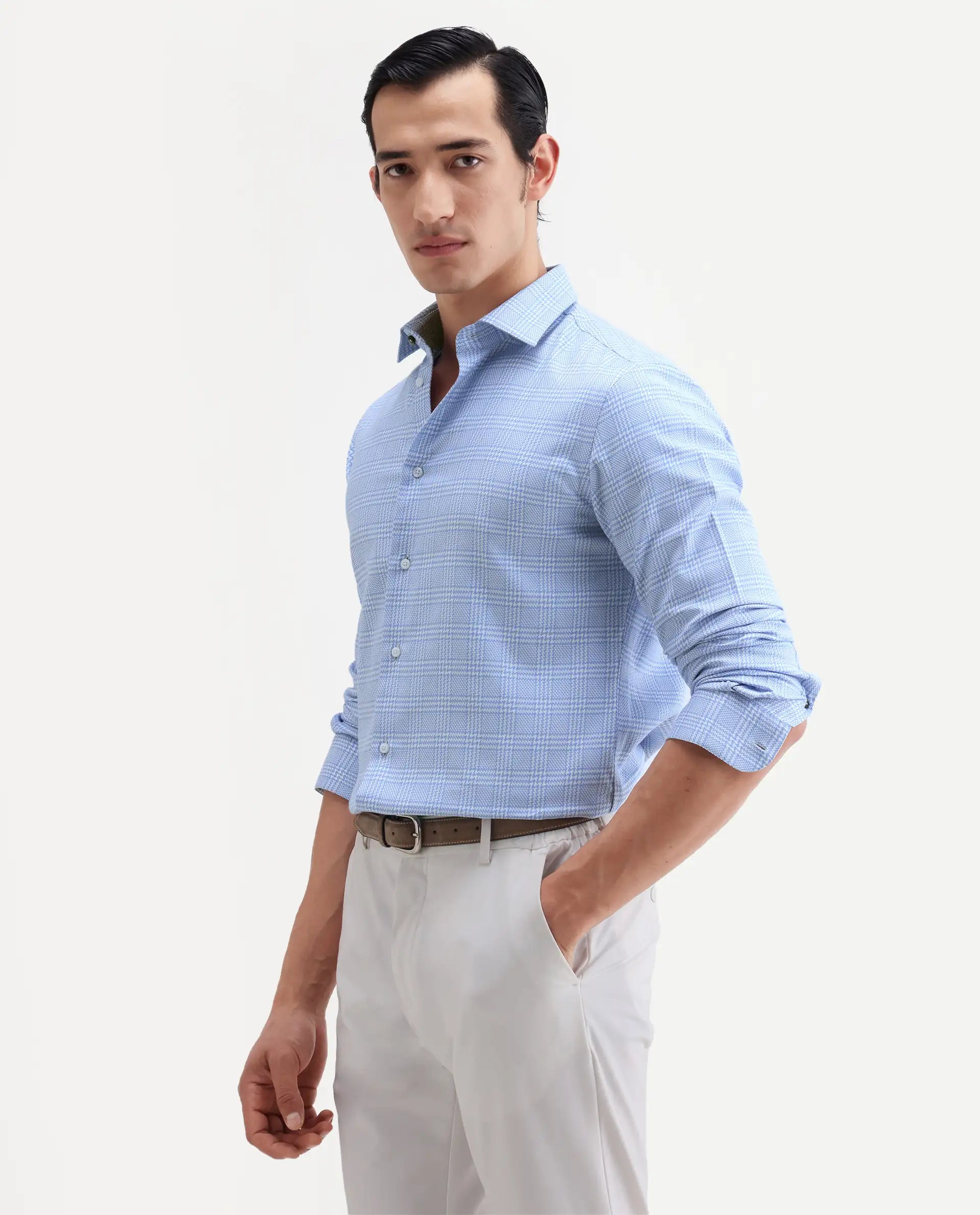 Rare Rabbit Men's Kate Light Blue Cotton Fabric Full Sleeve Spread Collar Regular Checked Shirt