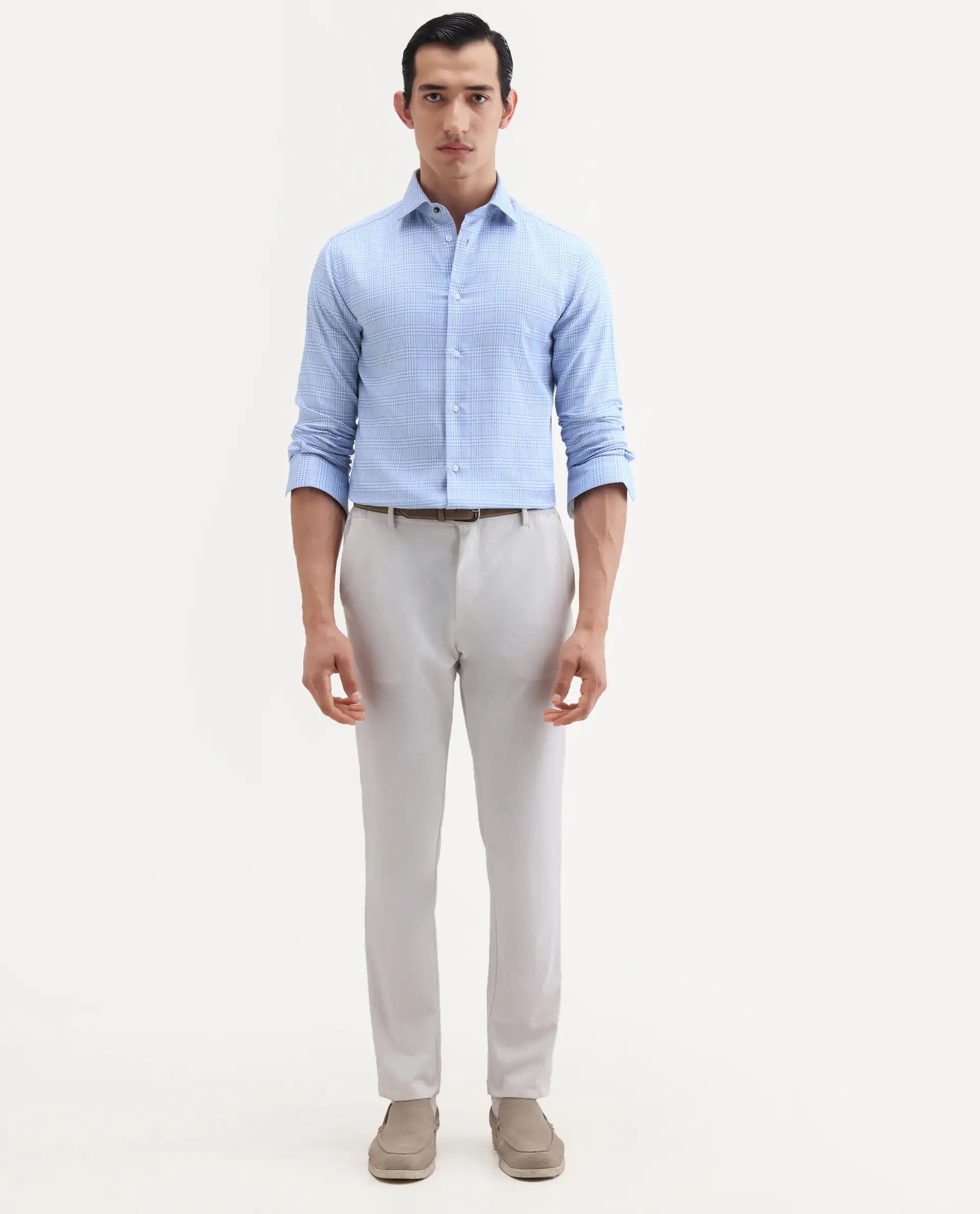 Rare Rabbit Men's Kate Light Blue Cotton Fabric Full Sleeve Spread Collar Regular Checked Shirt