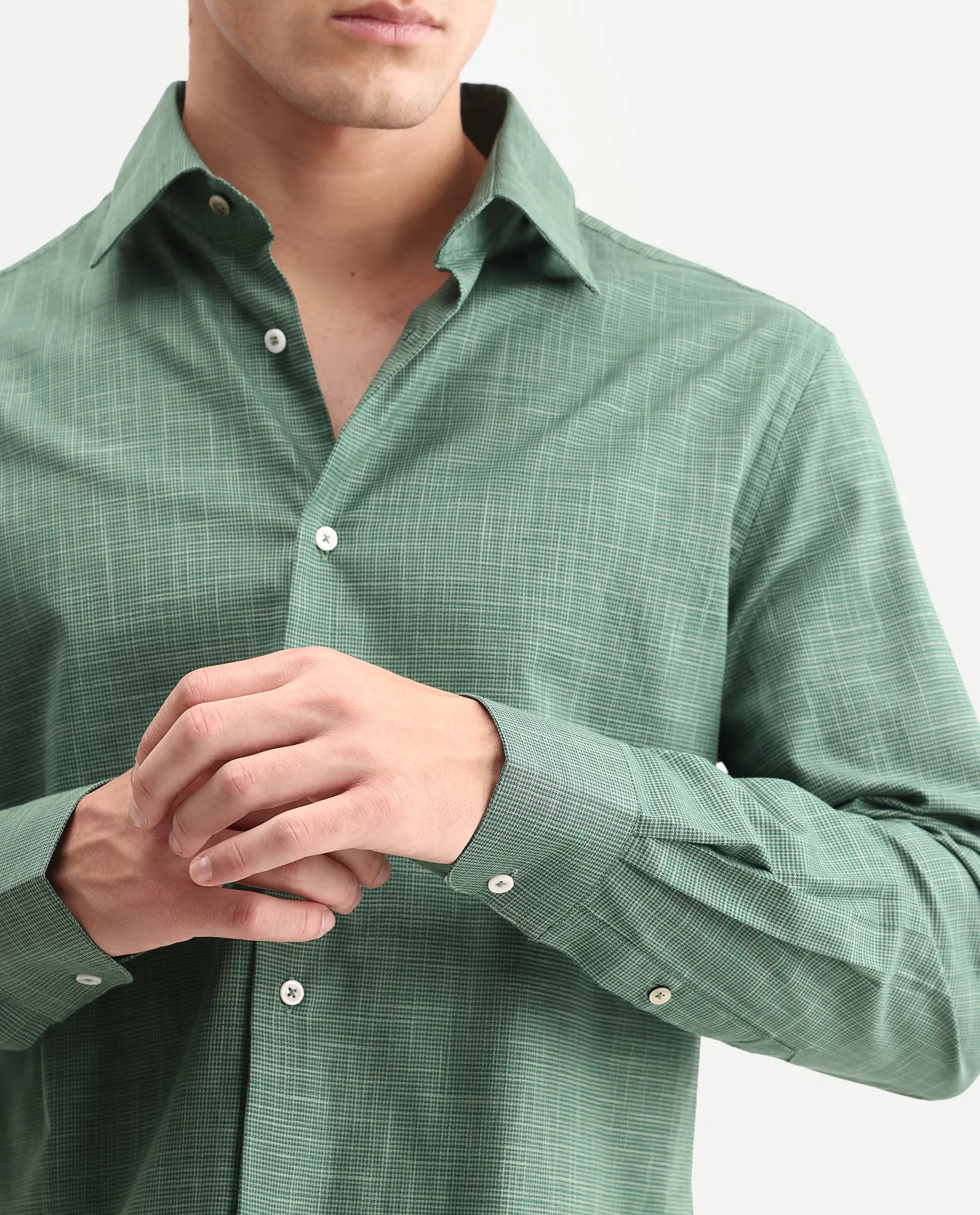 Rare Rabbit Men's Kenb Green Cotton Fabric Full Sleeve Spread Collar Button Regular Plain Shirt