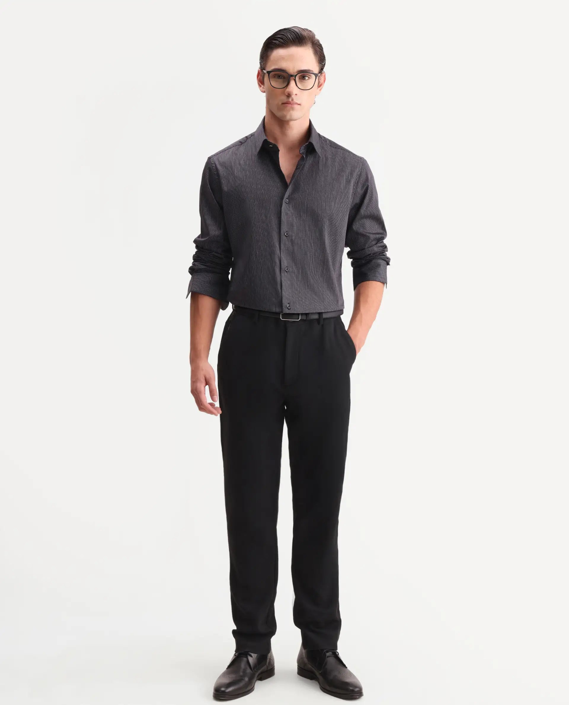 Rare Rabbit Men's Kent Black Cotton Fabric Full Sleeve Spread Collar Button Regular Plain Shirt
