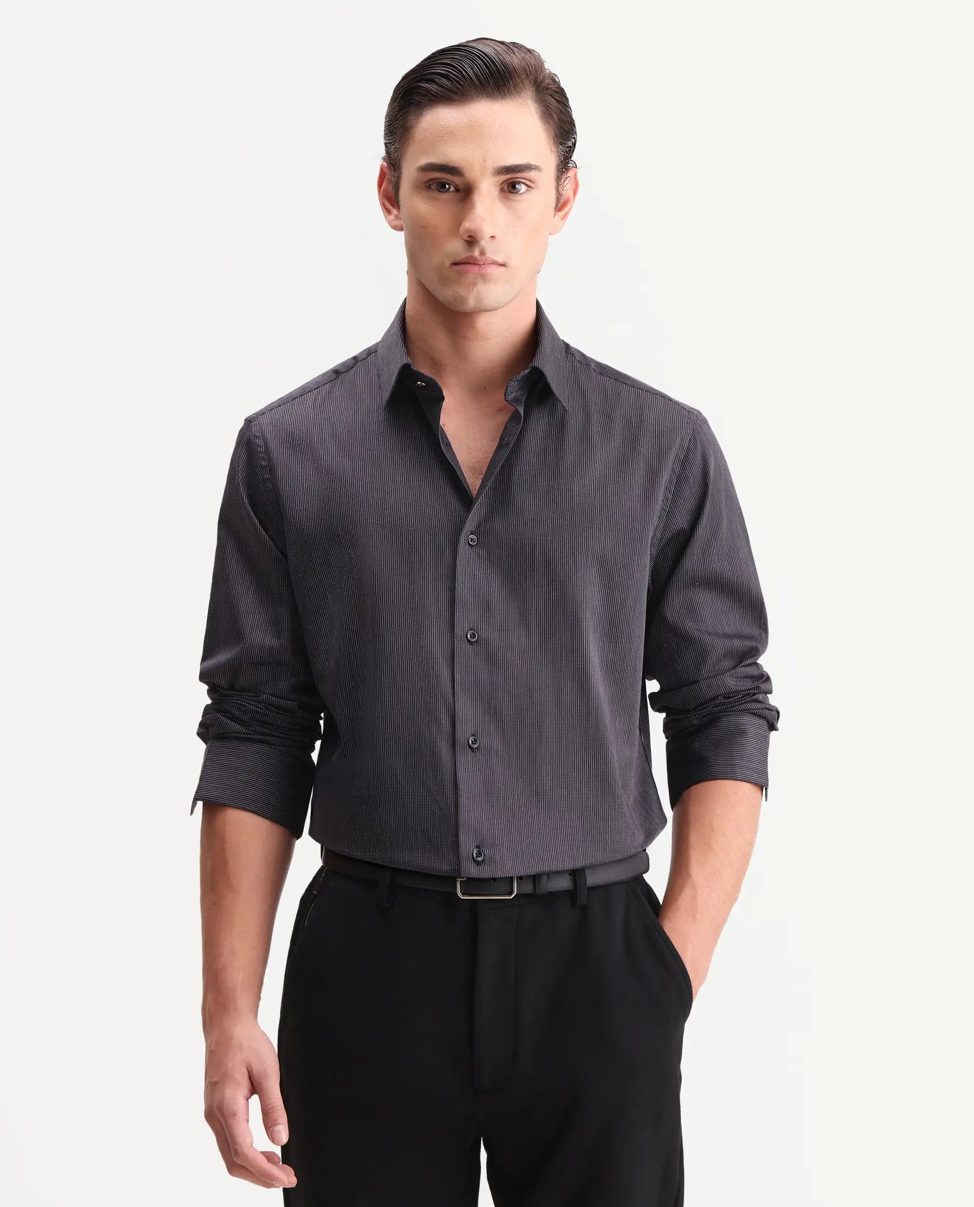 Rare Rabbit Men's Kent Black Cotton Fabric Full Sleeve Spread Collar Button Regular Plain Shirt