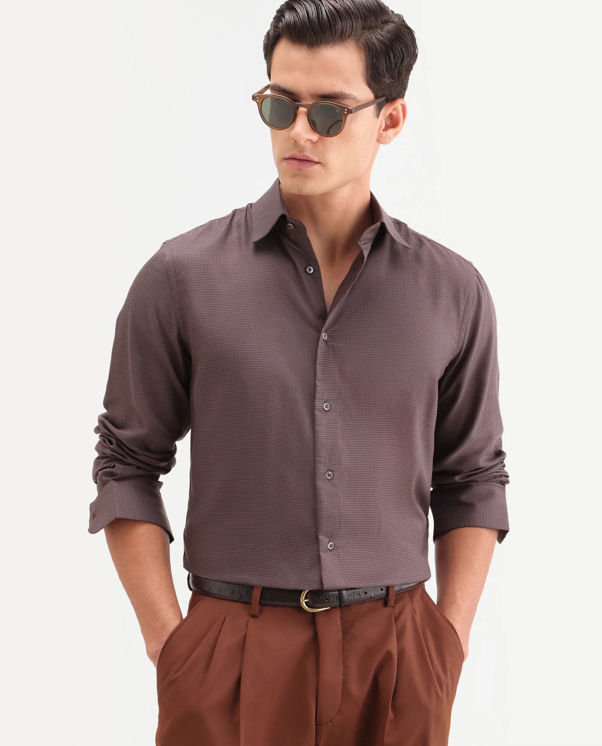 Rare Rabbit Men's Lume Maroon Tencel Fabric Full Sleeve Spread Collar Button Regular Plain Shirt